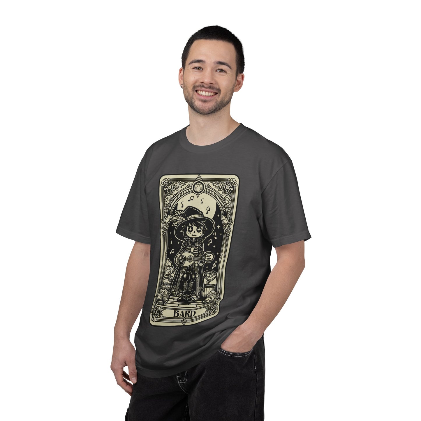 Man wearing a dark gray t-shirt with a DND Bard Tarot card design on a white background