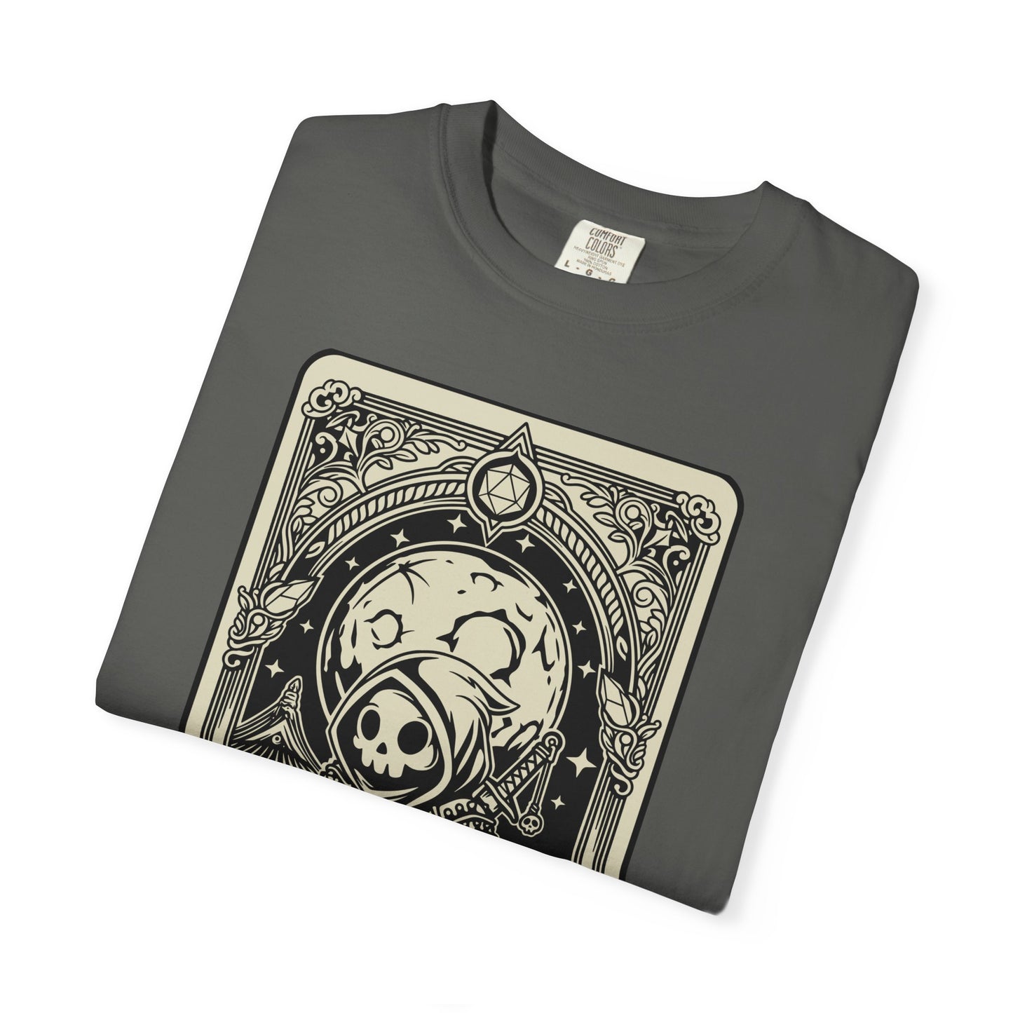 Folded gray DND Rogue t-shirt with a black and white graphic design on a white background