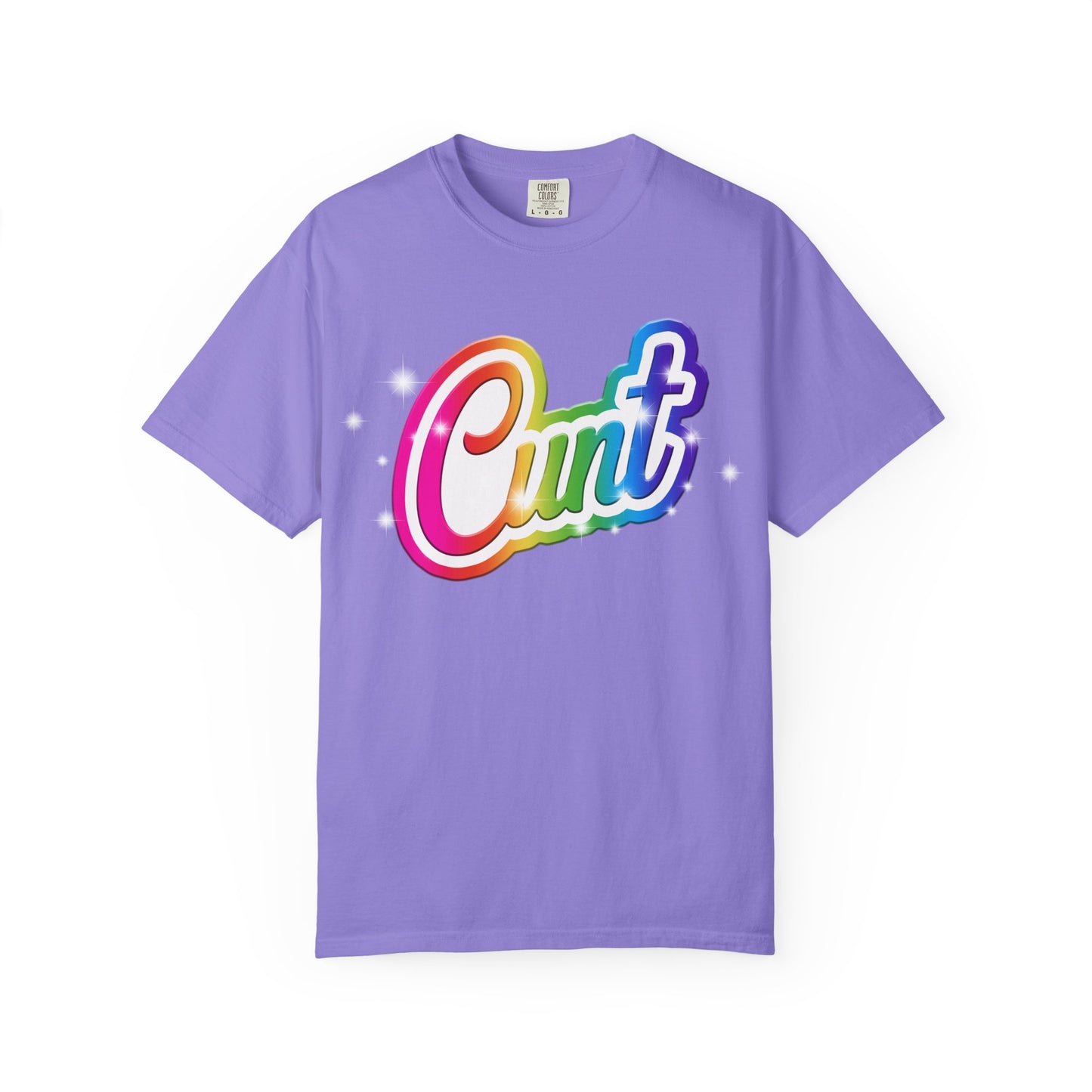 Unisex T-shirt with rainbow Lisa Frank style Cunt lettering.