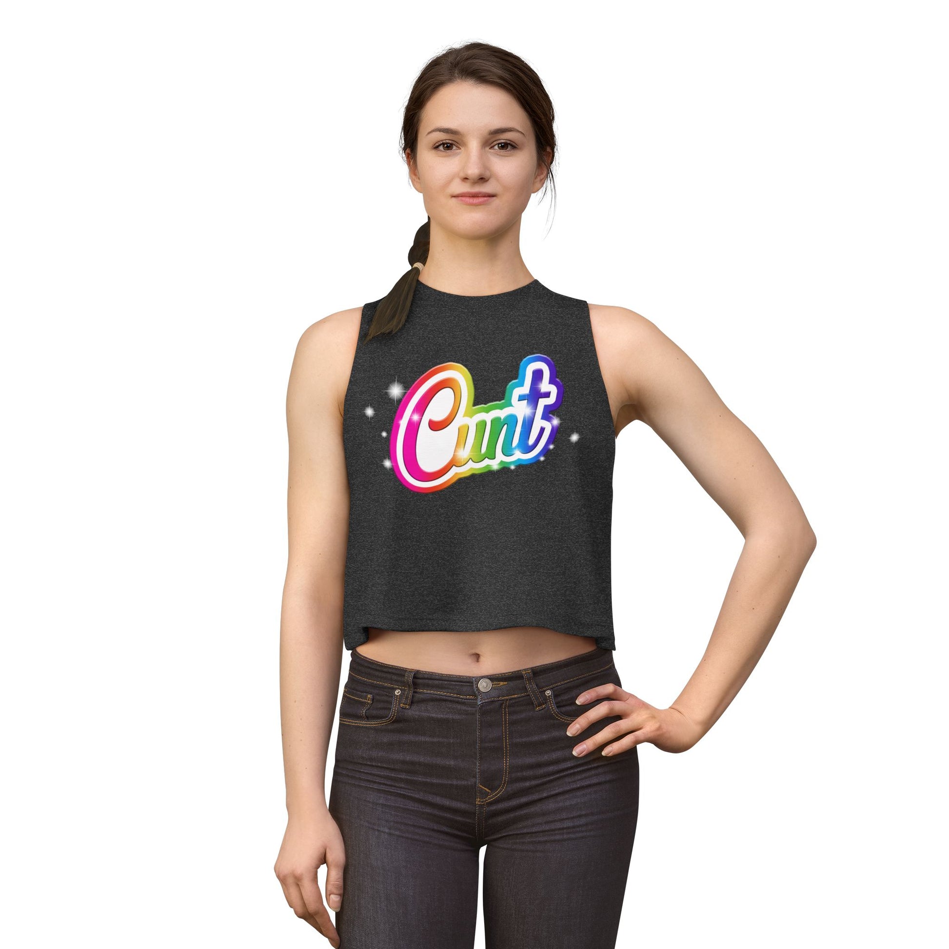 Crop top tank with rainbow Lisa Frank style Cunt lettering.