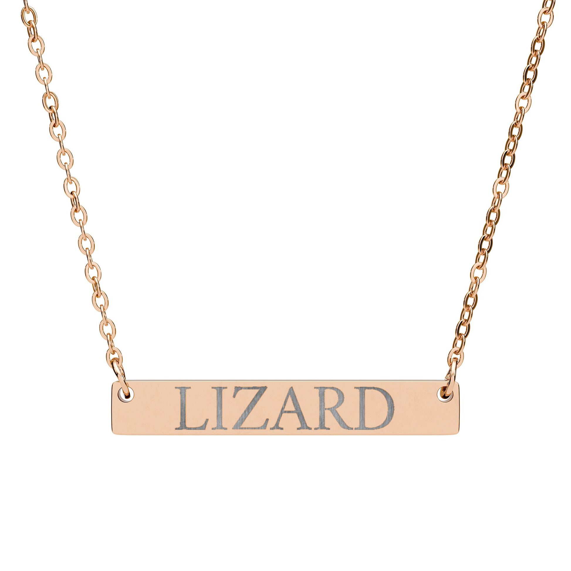 Statement Bar Necklace with the word LIZARD laser engraved on it for the Lizard Meme.