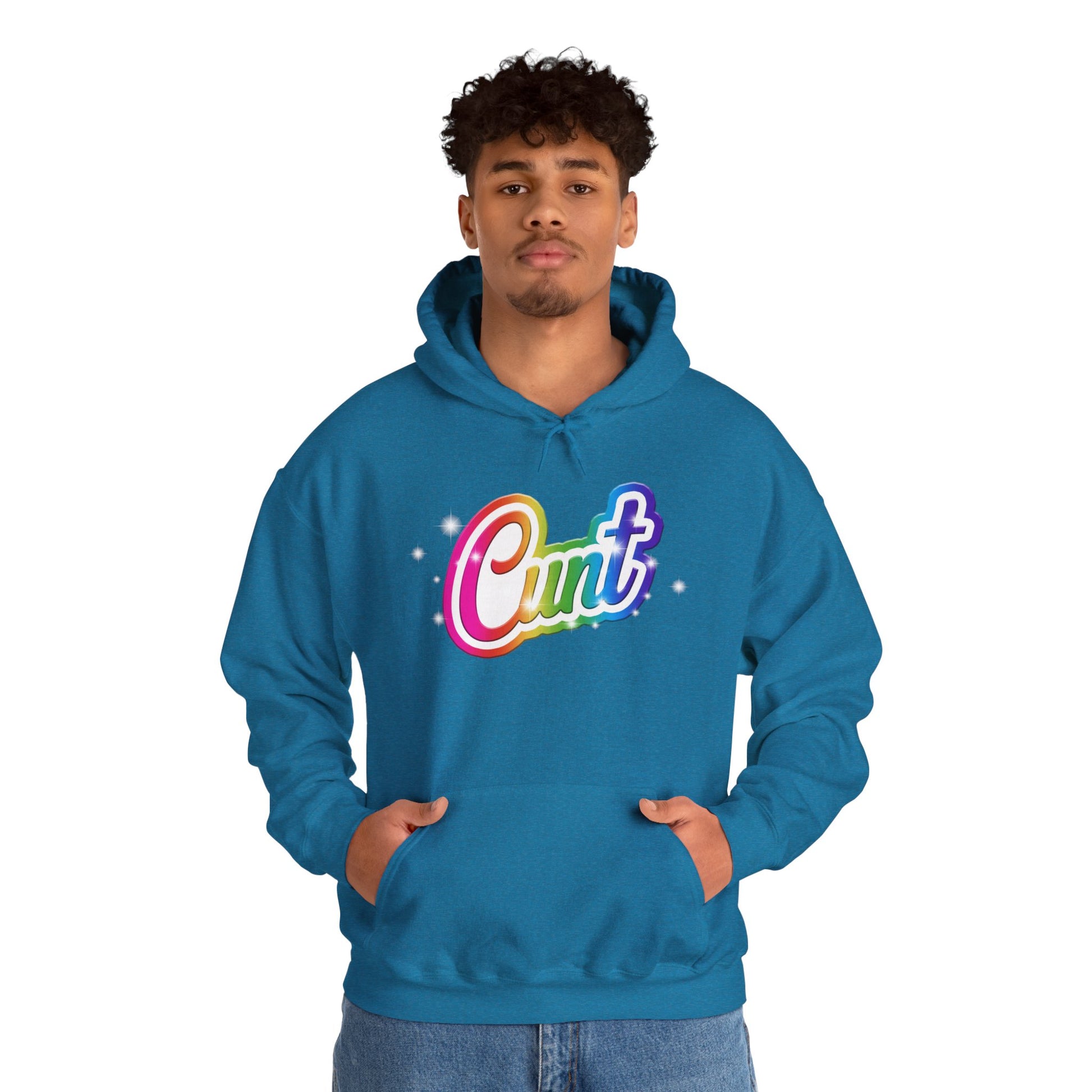 Unisex Hoodie with Lisa Frank Style lettering that says CUNT.