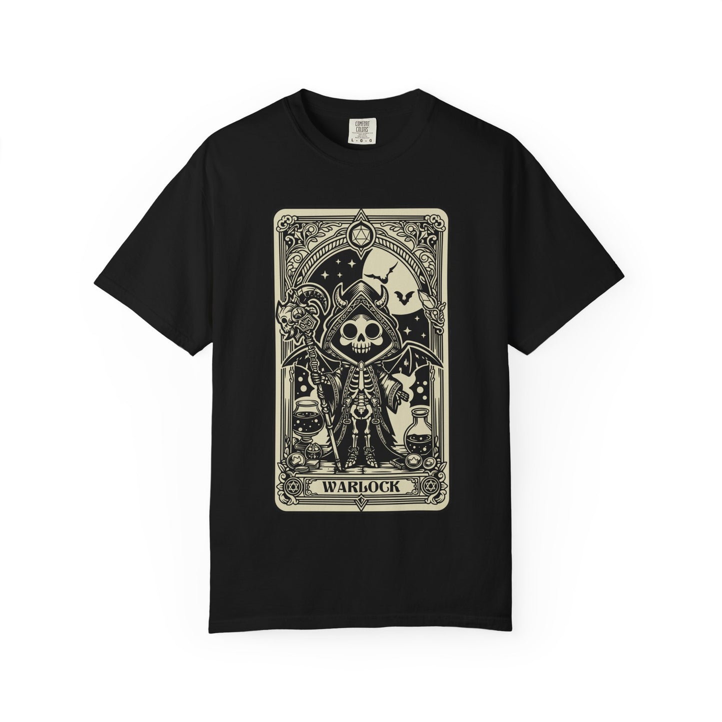 Black t-shirt with a tarot card design featuring a skeleton and the word 'Warlock' on a white background.