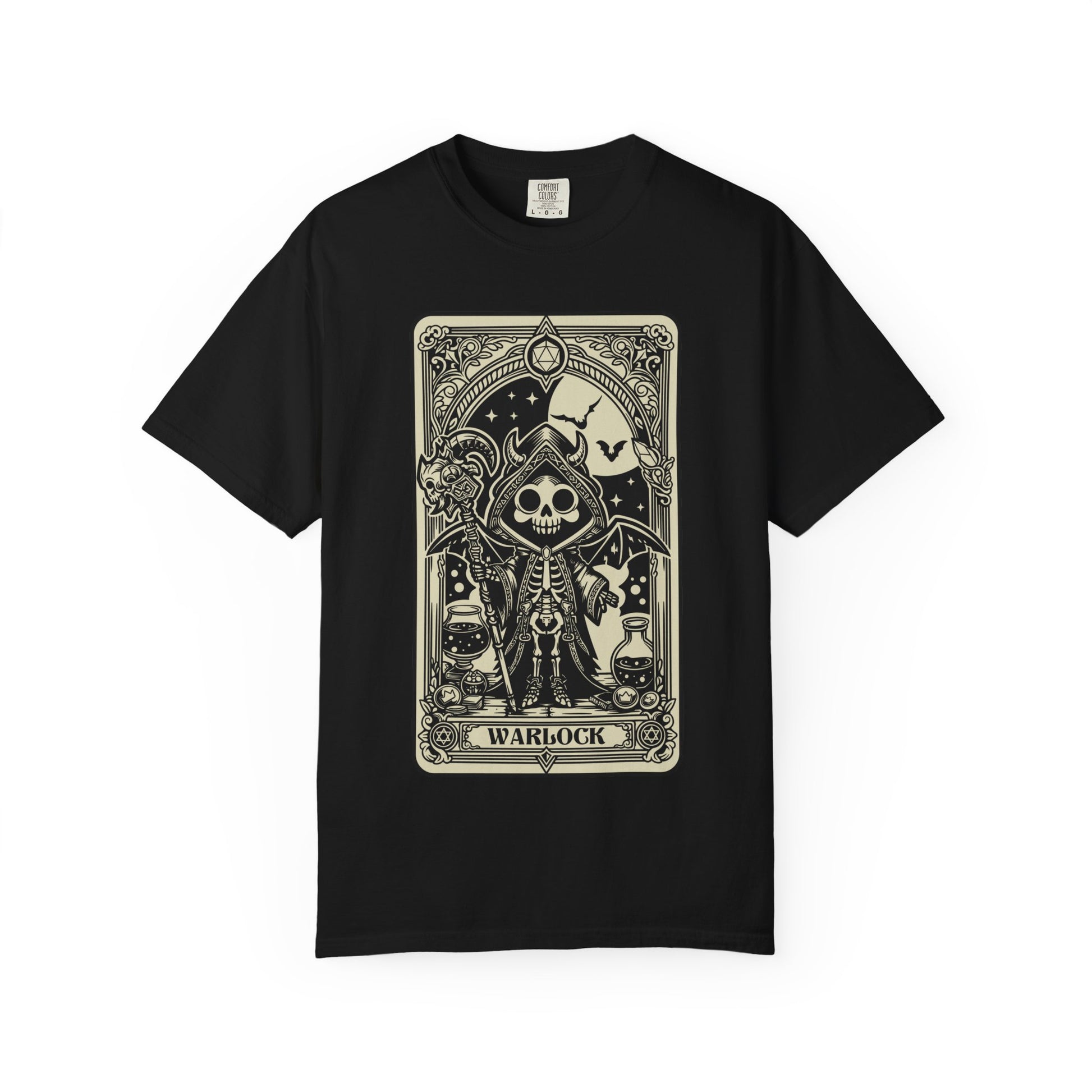 Black t-shirt with a tarot card design featuring a skeleton and the word 'Warlock' on a white background.