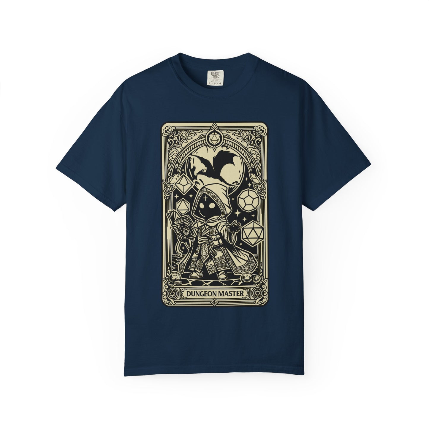 Navy blue t-shirt with a 'Dungeon Master' card design on a white background
