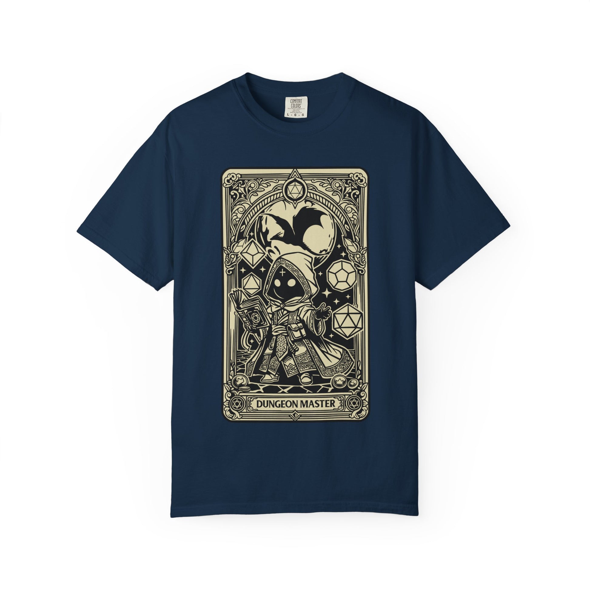 Navy blue t-shirt with a 'Dungeon Master' card design on a white background