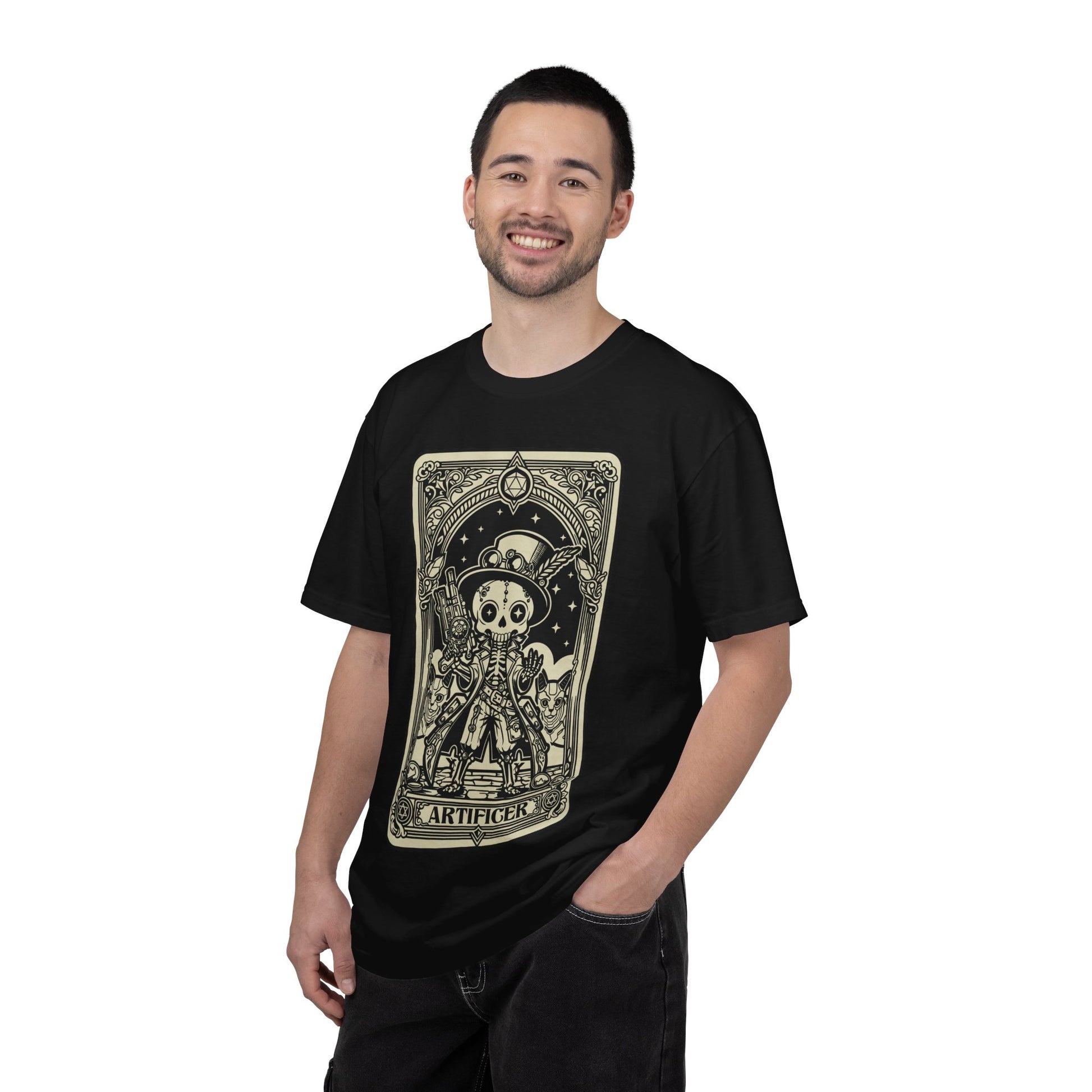 Man wearing a black DND Artificer t-shirt with a graphic tarot design on a white background