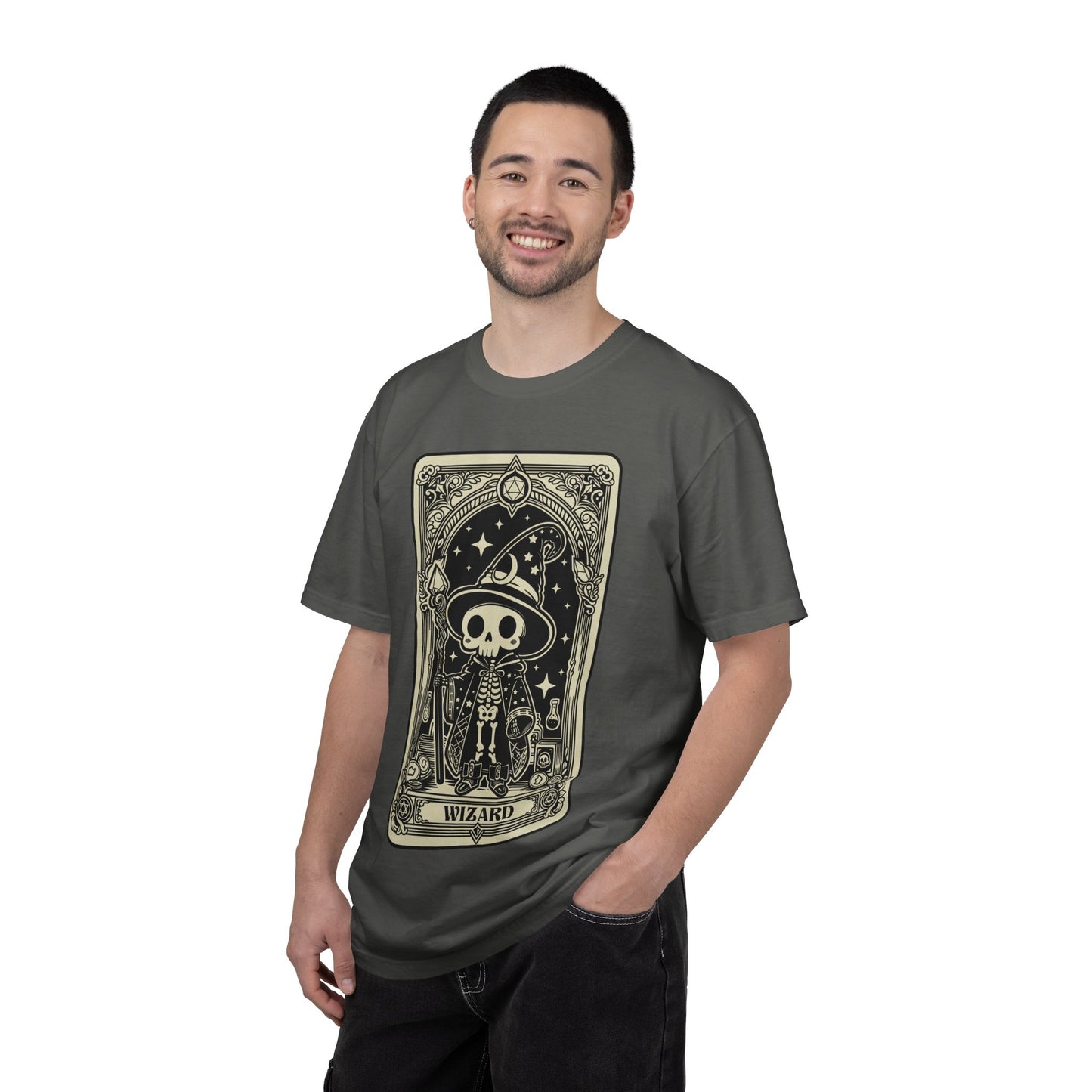 Man wearing a dark gray t-shirt with a DND Wizard graphic design on a white background