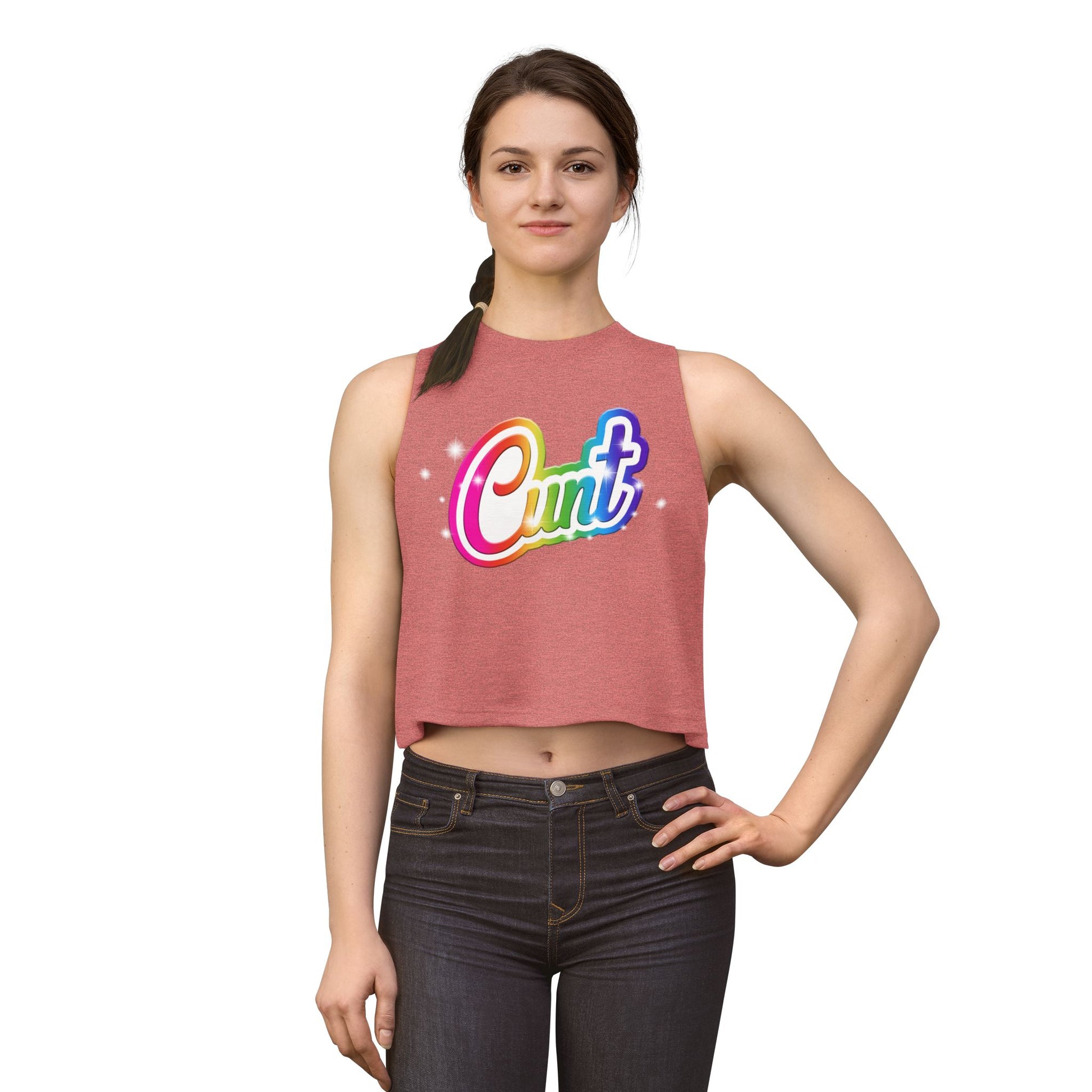 Crop top tank with rainbow Lisa Frank style Cunt lettering.