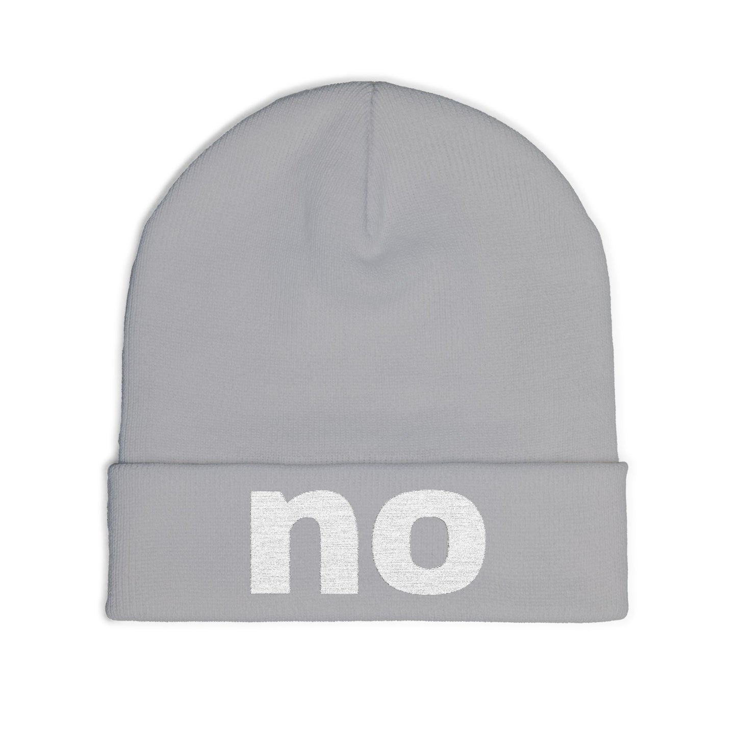 Embroidered beanie with the word “no”.