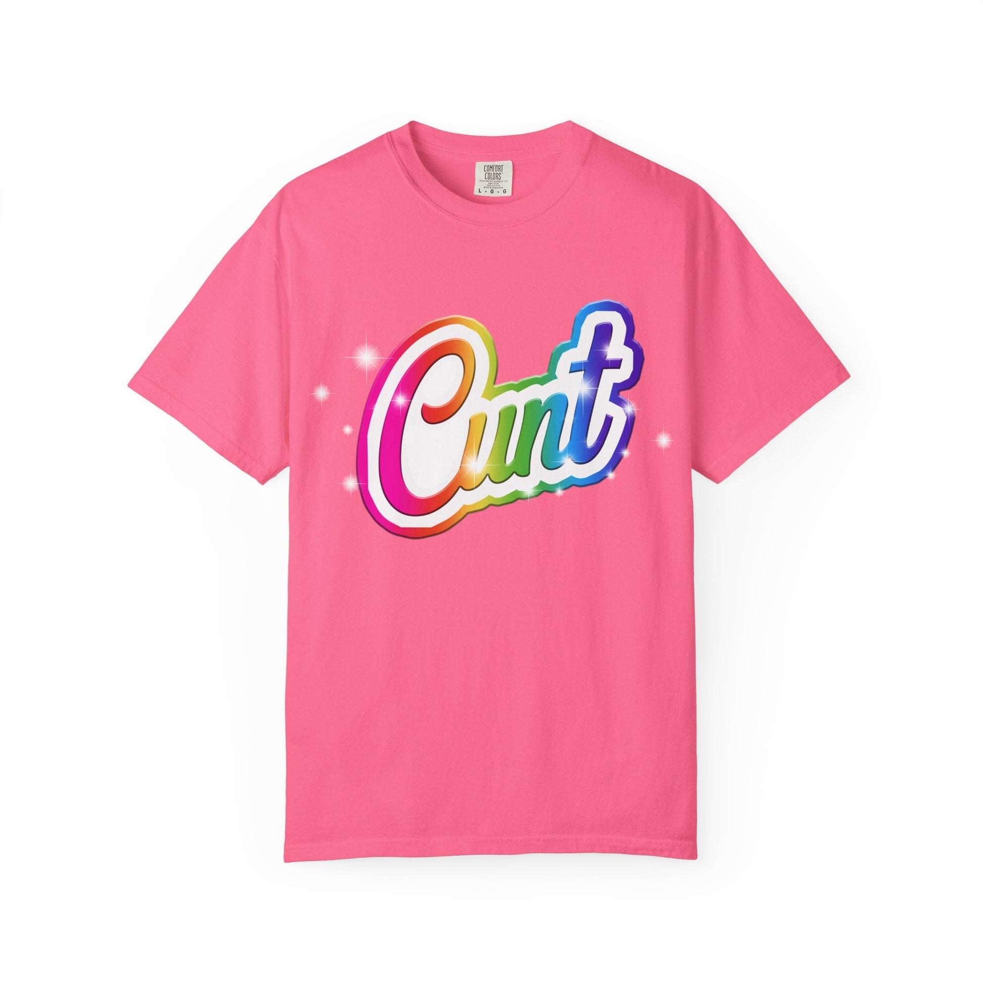 Unisex T-shirt with rainbow Lisa Frank style Cunt lettering.