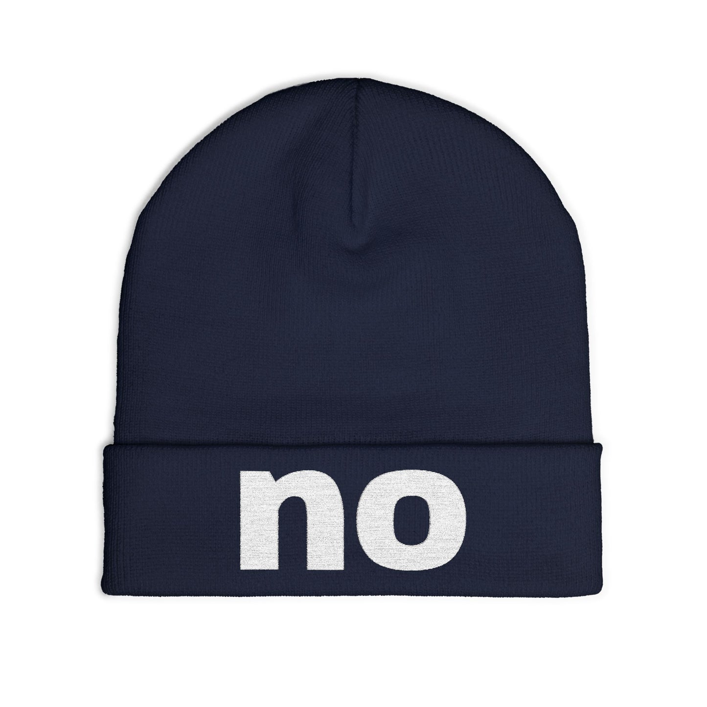Embroidered beanie with the word “no”.