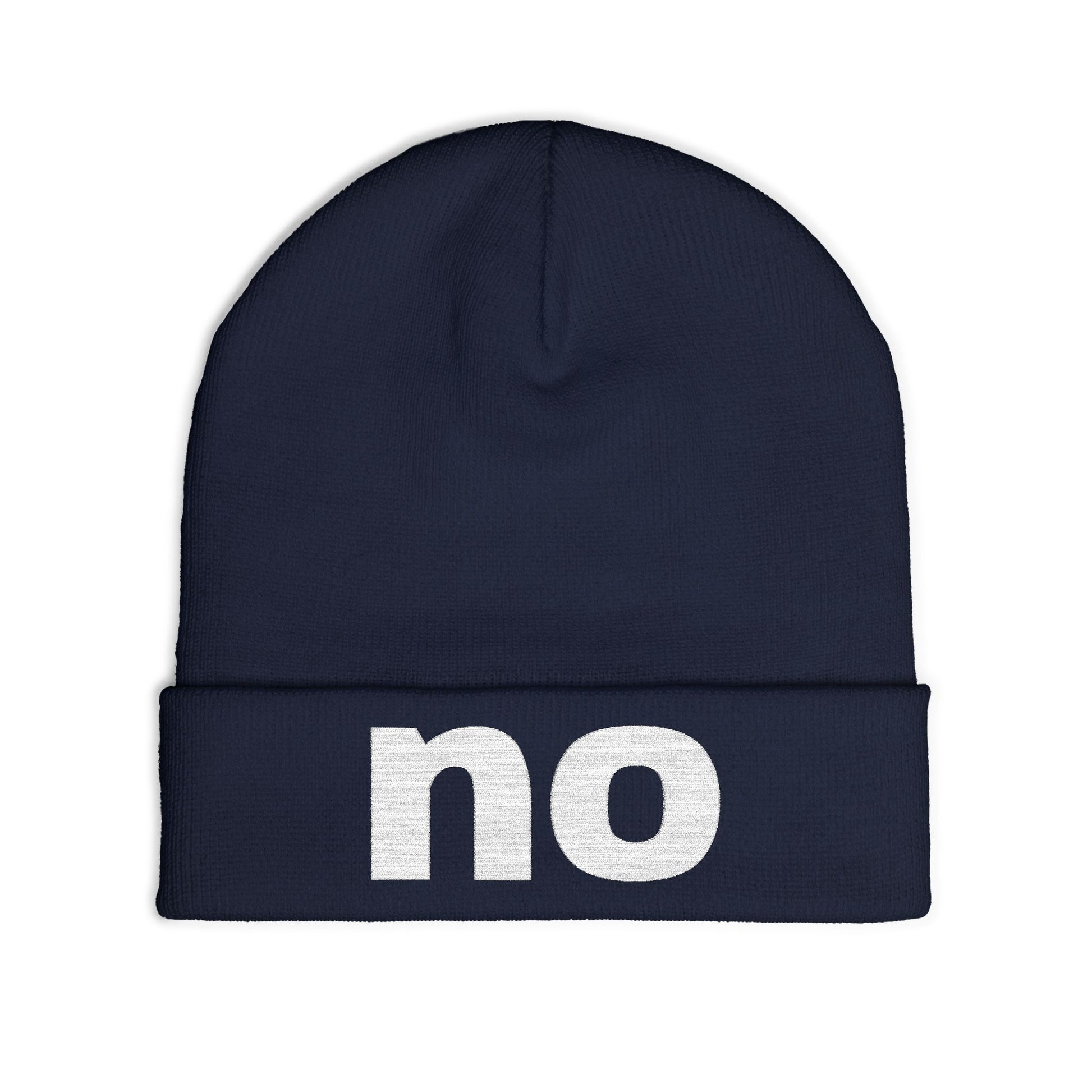 Embroidered beanie with the word “no”.