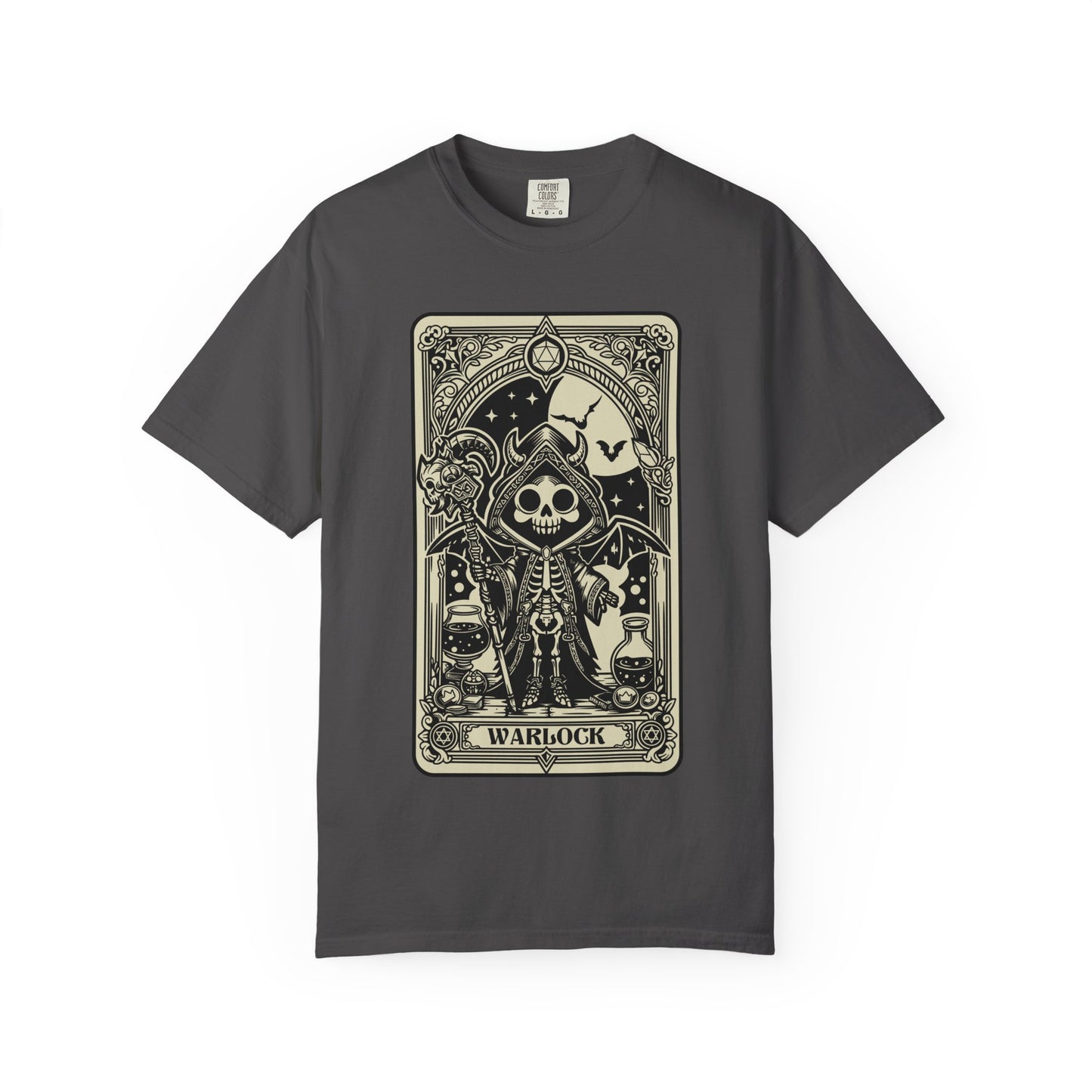 Dark gray t-shirt with a skeleton card design labeled 'Warlock' on a white background