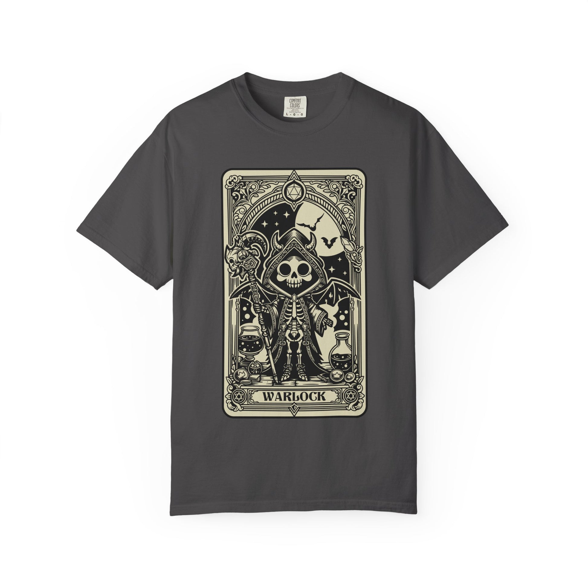 Dark gray t-shirt with a skeleton card design labeled 'Warlock' on a white background