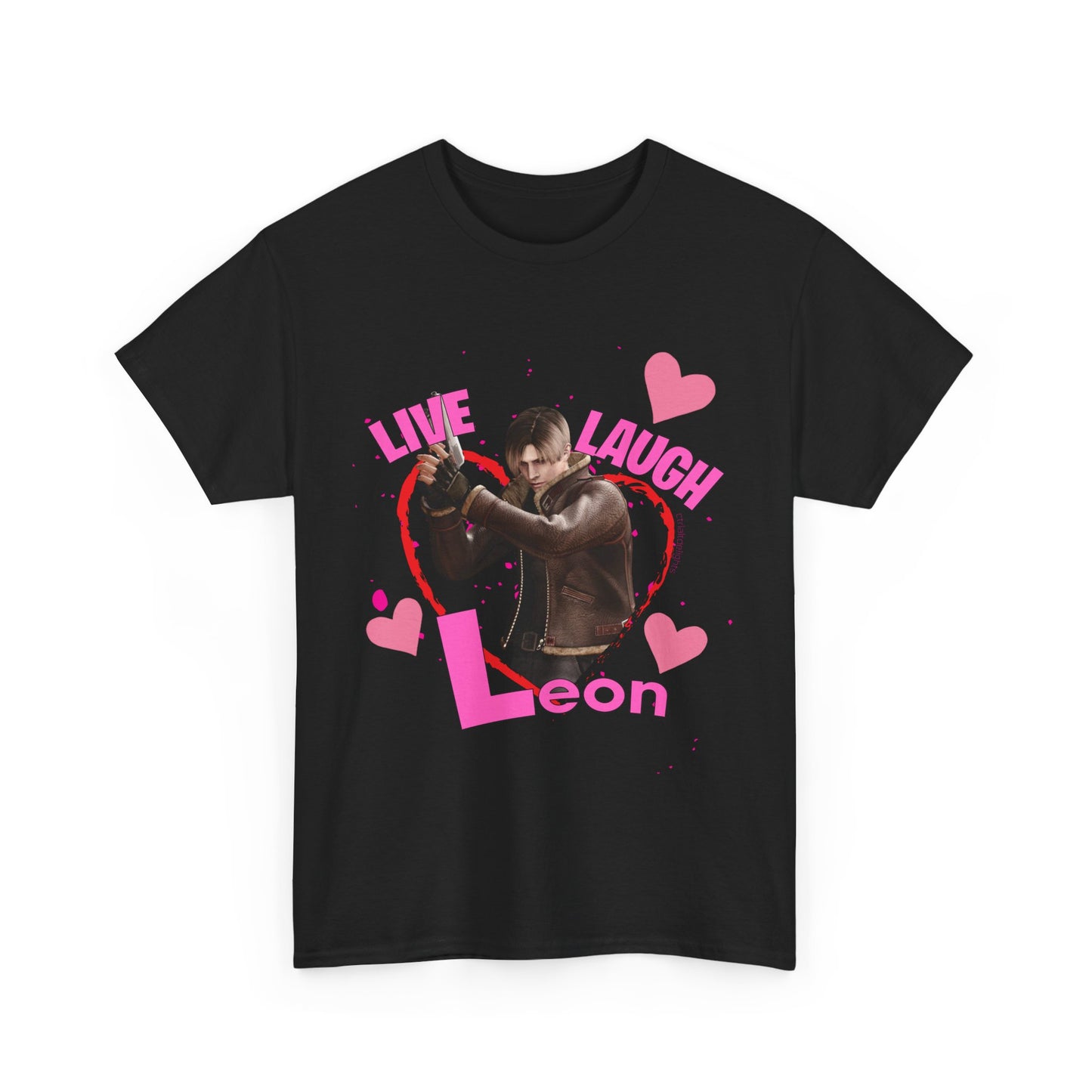 Resident Evil-inspired fan t-shirt featuring Leon S. Kennedy with heart graphics and the text ‘Live Laugh Leon.’ Perfect gift for Resident Evil fans and Valentine's Day.