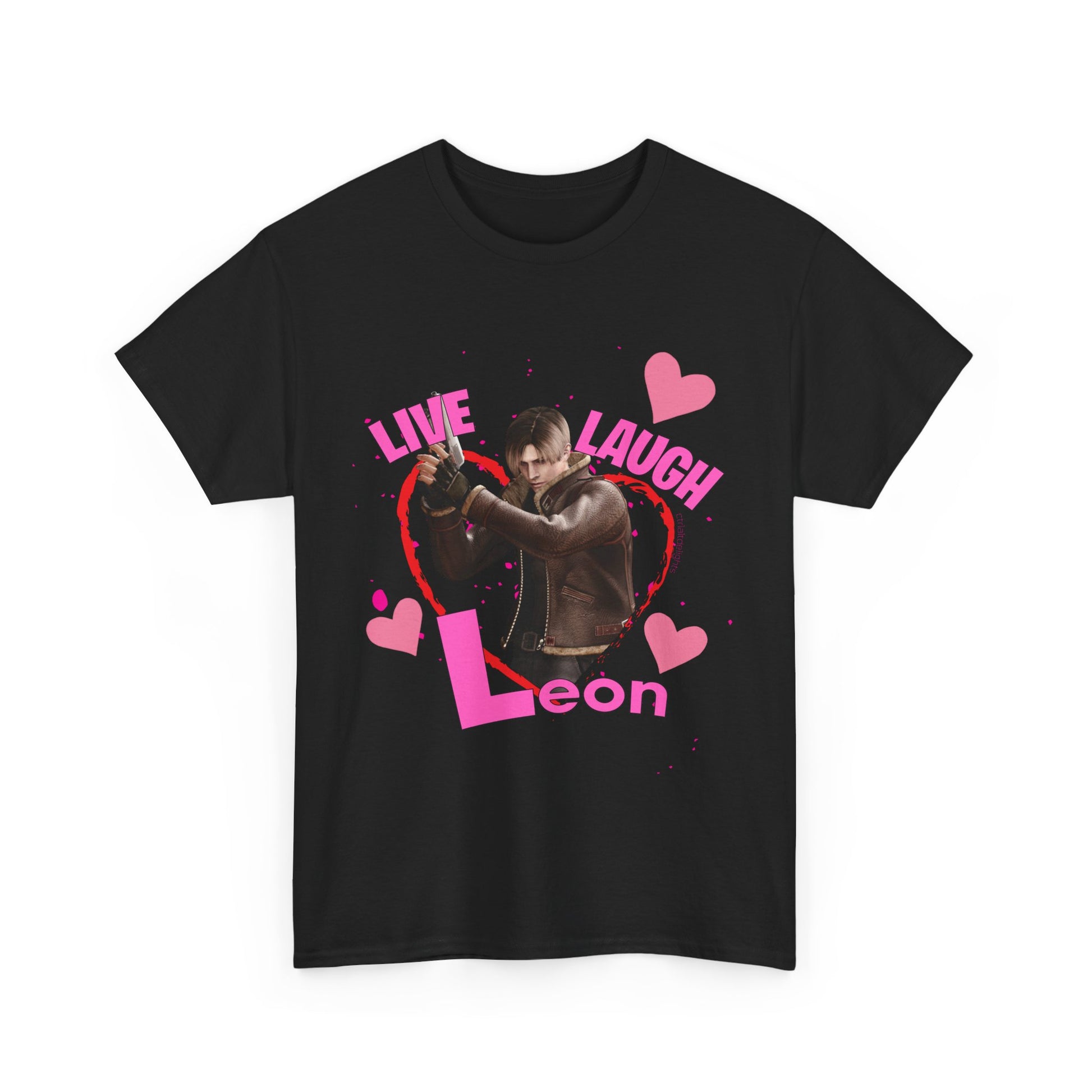 Resident Evil-inspired fan t-shirt featuring Leon S. Kennedy with heart graphics and the text ‘Live Laugh Leon.’ Perfect gift for Resident Evil fans and Valentine's Day.