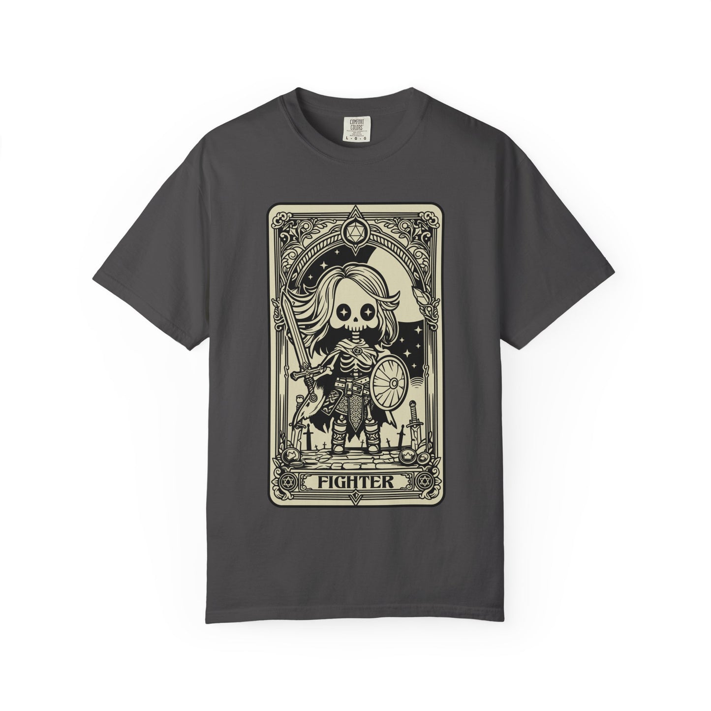 Gray t-shirt with a tarot card-style graphic of a skeleton labeled 'Fighter' on a white background