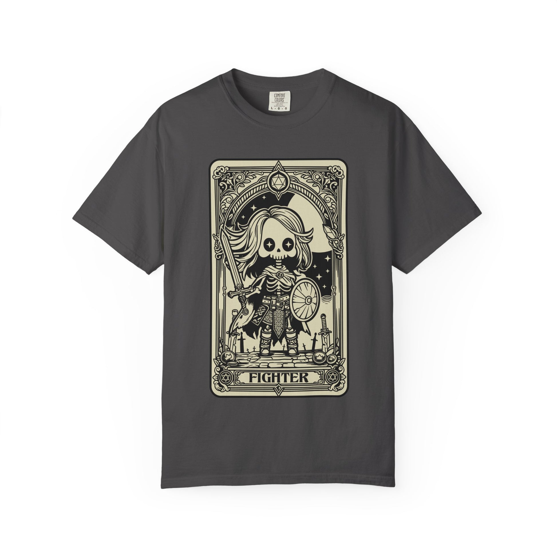Gray t-shirt with a tarot card-style graphic of a skeleton labeled 'Fighter' on a white background