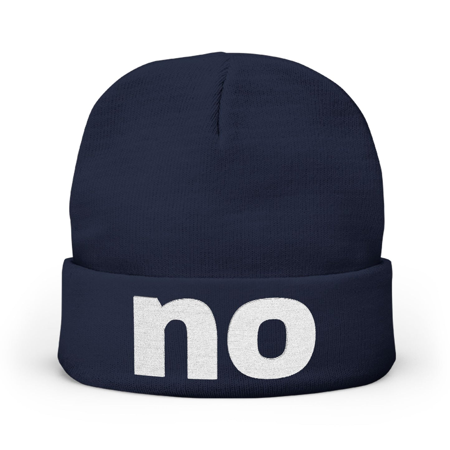 Embroidered beanie with the word “no”.