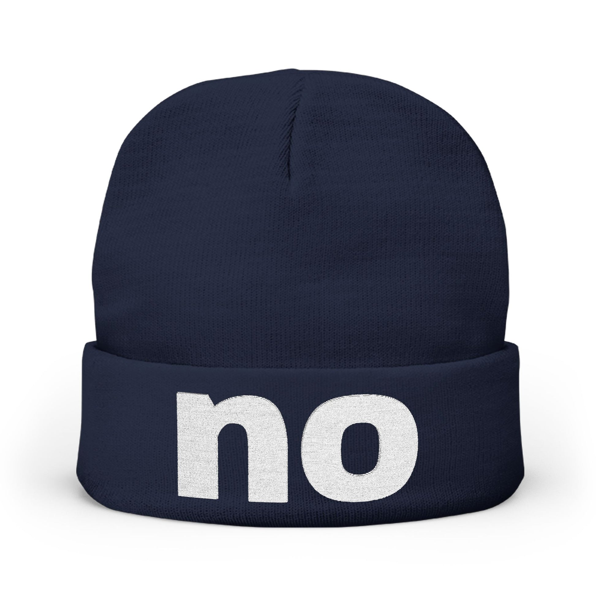 Embroidered beanie with the word “no”.
