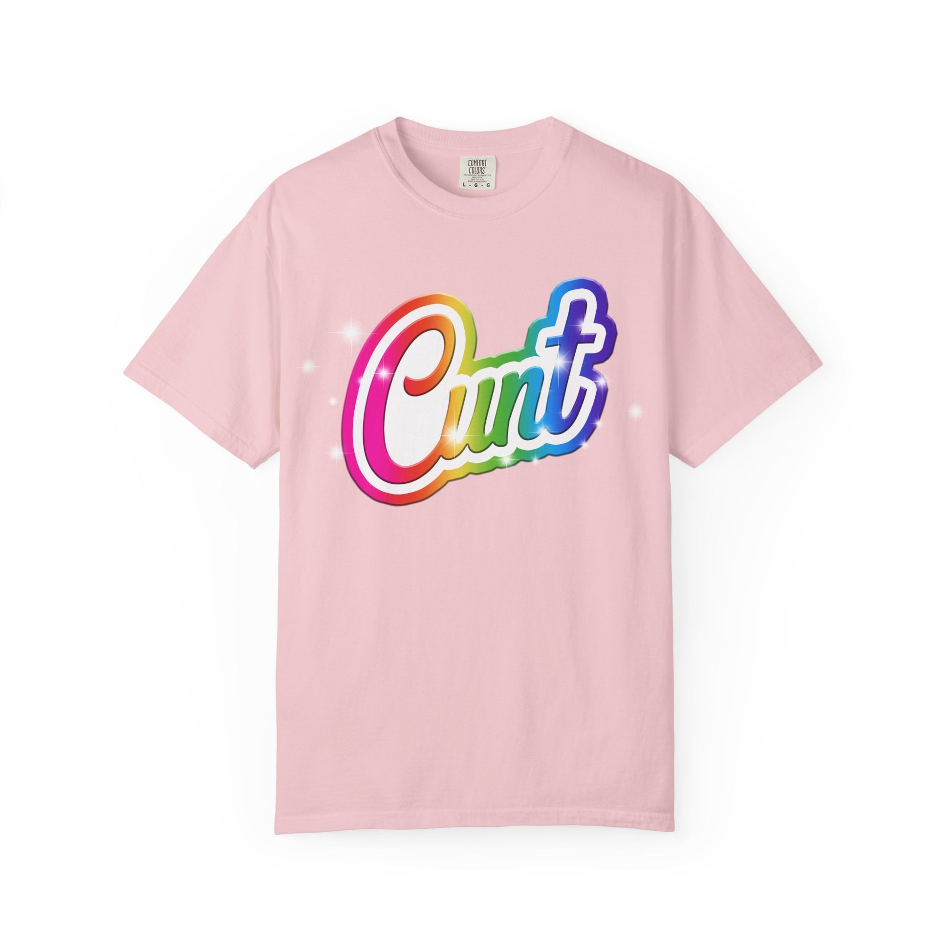 Unisex T-shirt with rainbow Lisa Frank style Cunt lettering.