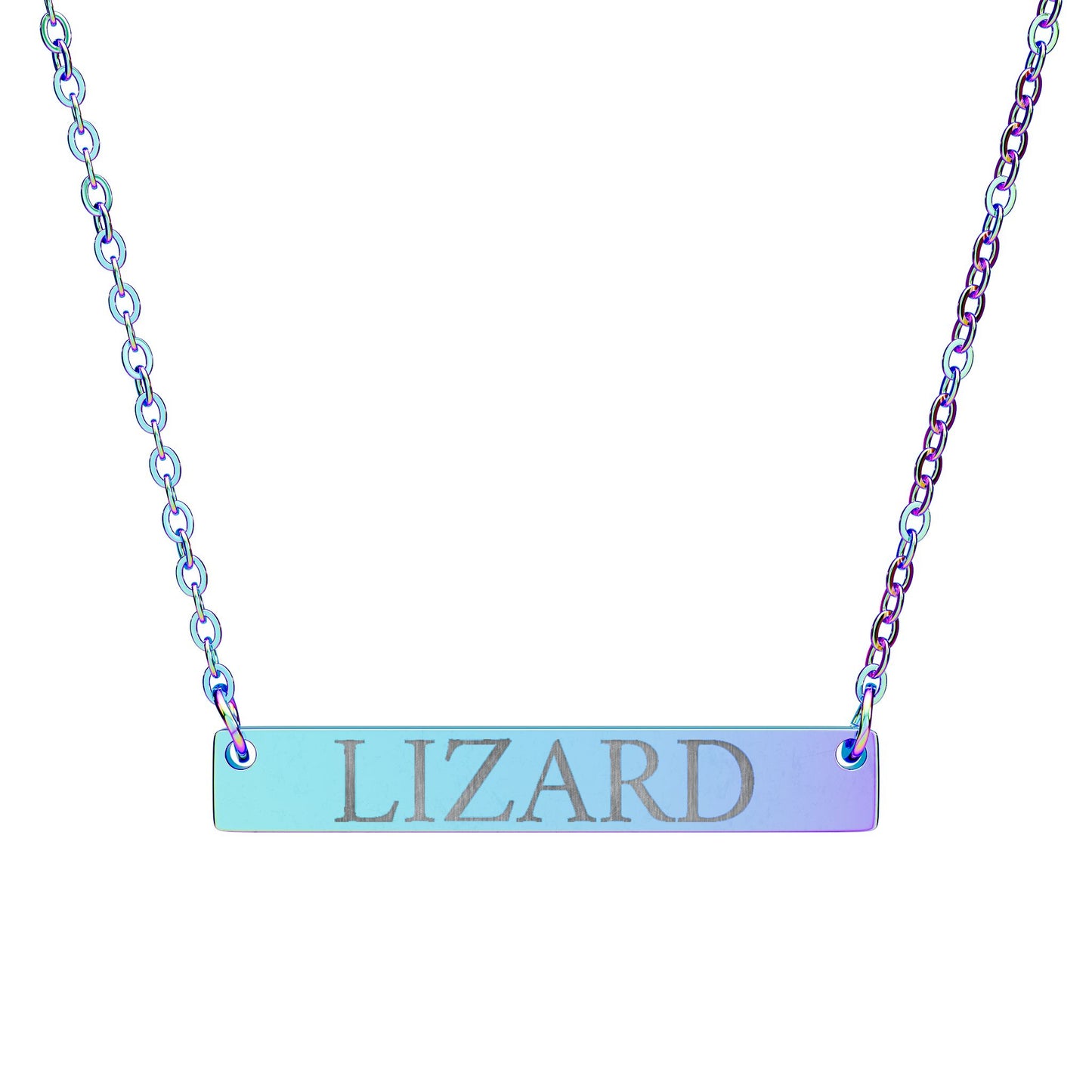 Statement Bar Necklace with the word LIZARD laser engraved on it for the Lizard Meme.
