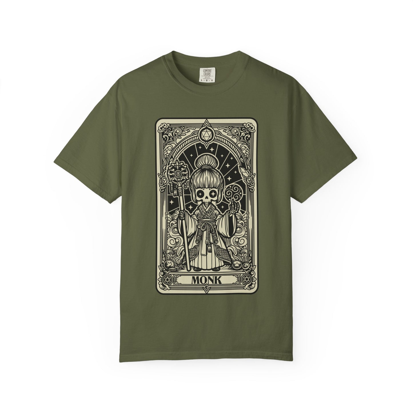 Green t-shirt with a card-style Monk graphic design on a white background