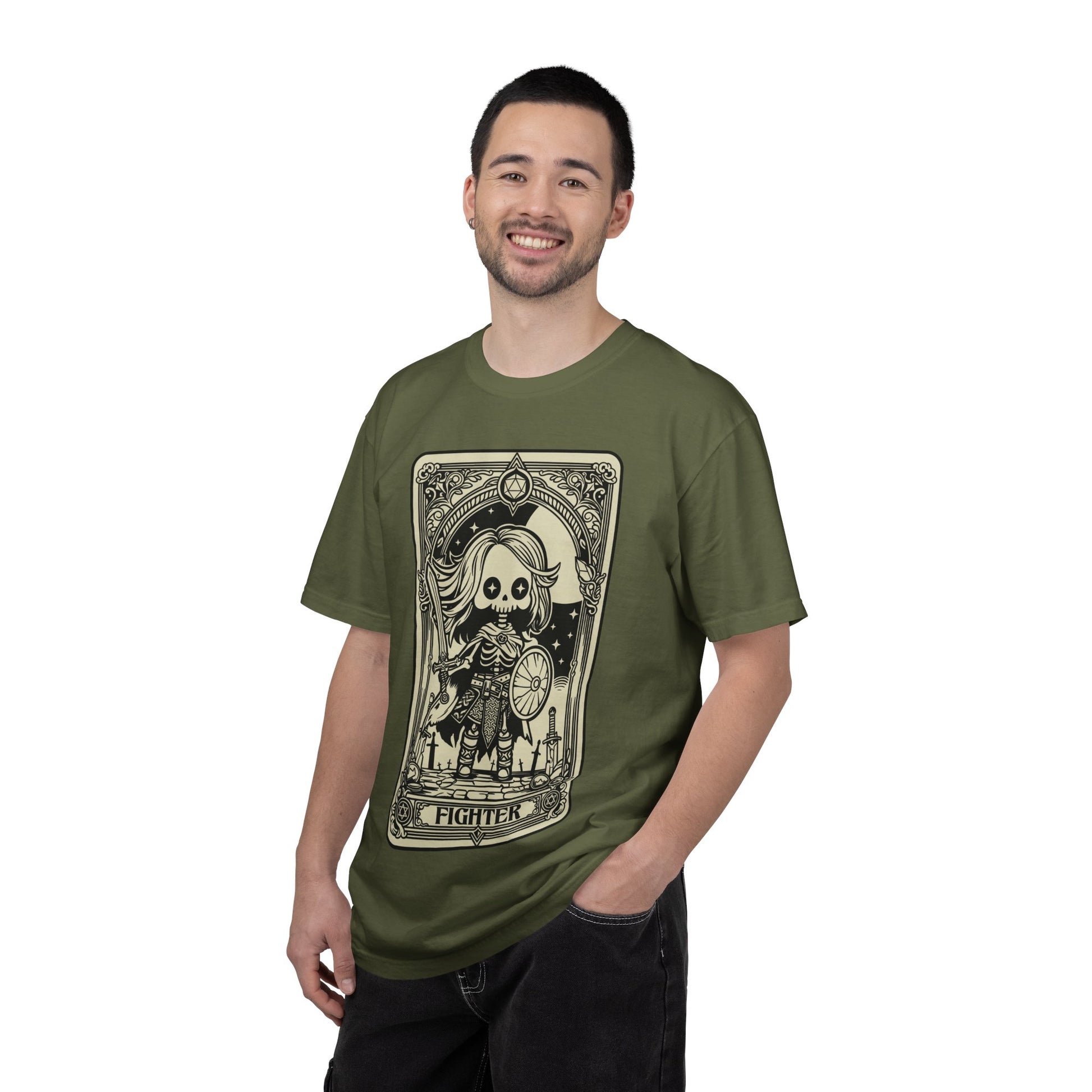 Man wearing a green t-shirt with a DND Fighter graphic design on a white background