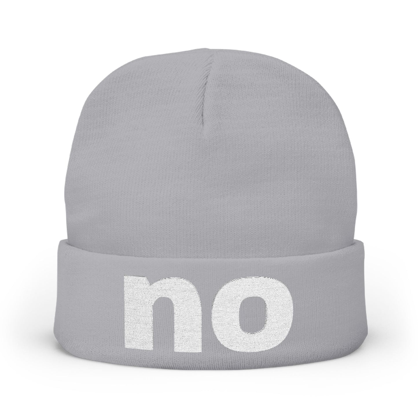 Embroidered beanie with the word “no”.