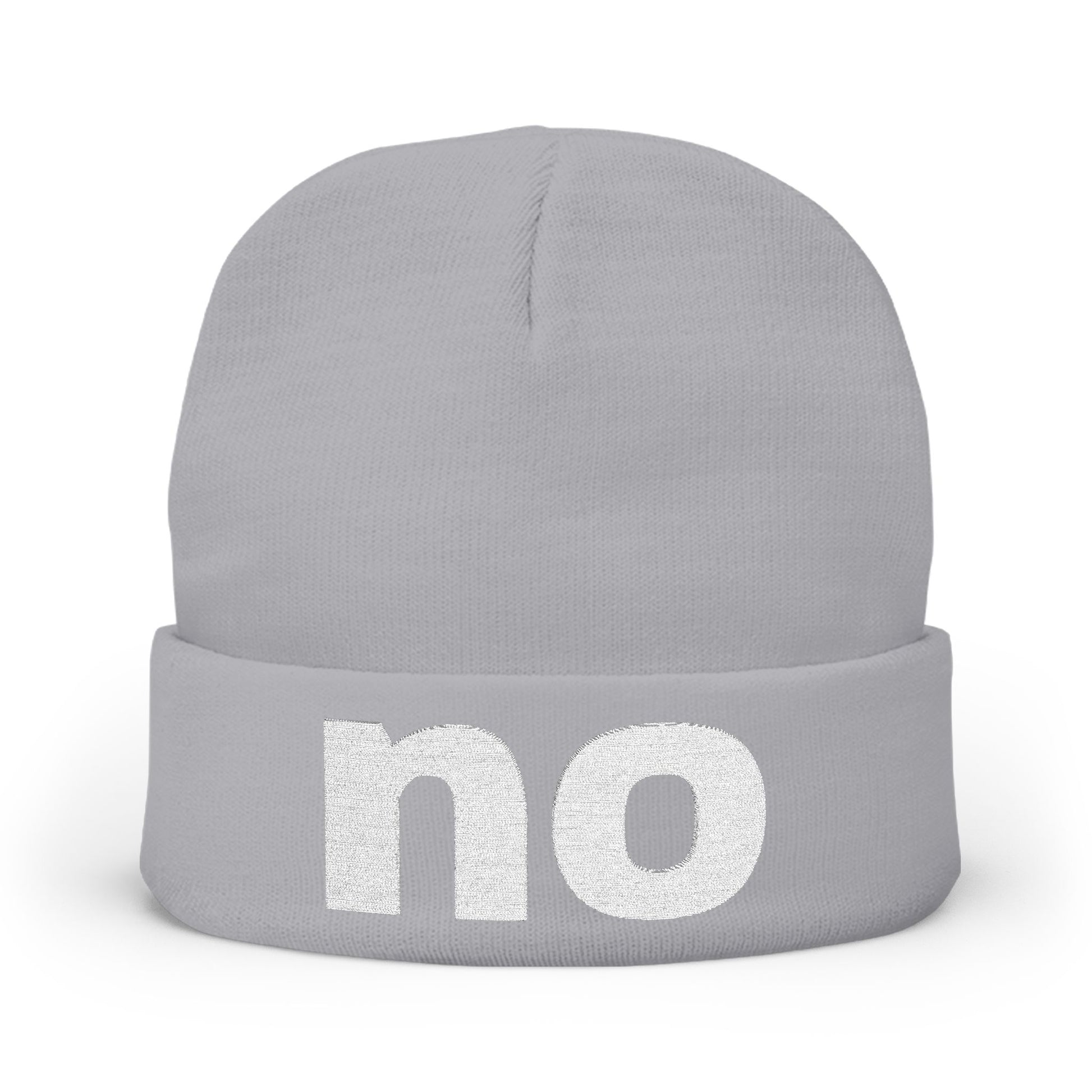 Embroidered beanie with the word “no”.