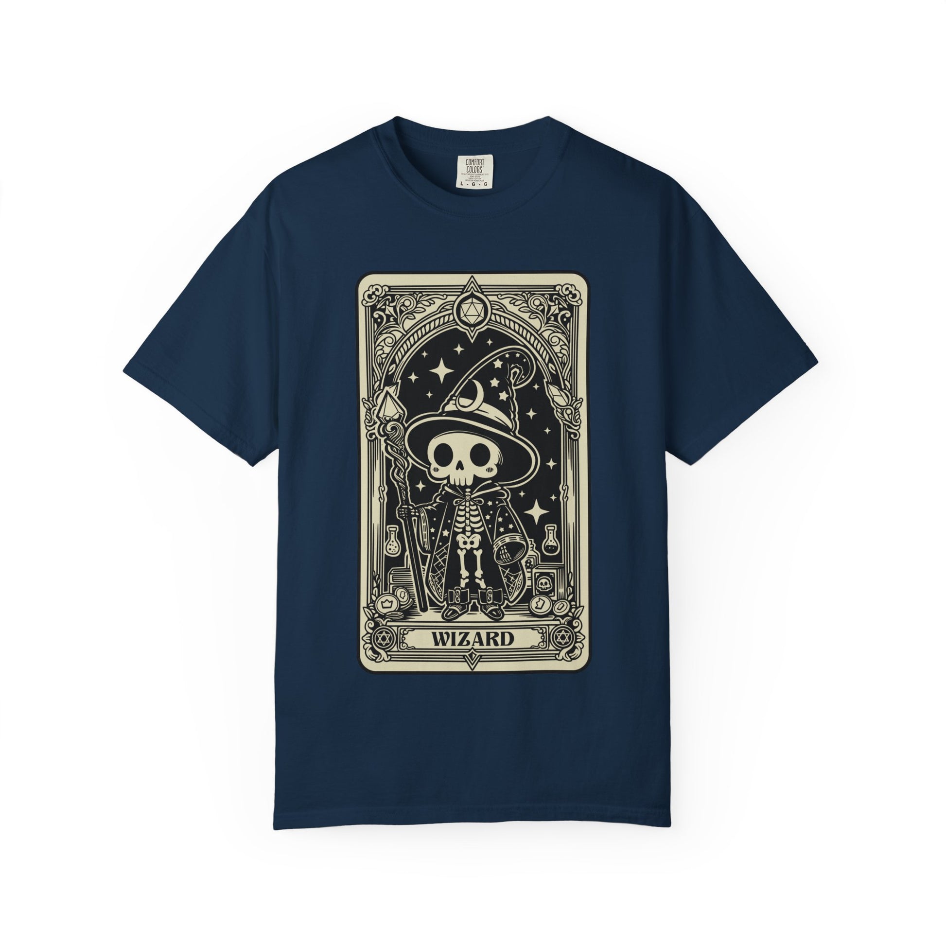 Navy blue t-shirt with a skeleton wizard graphic on a white background