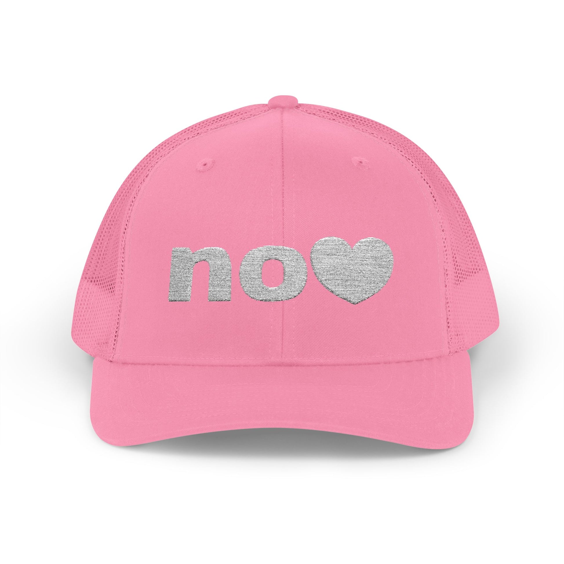 Trucker hat embroidered with NO and a heart.