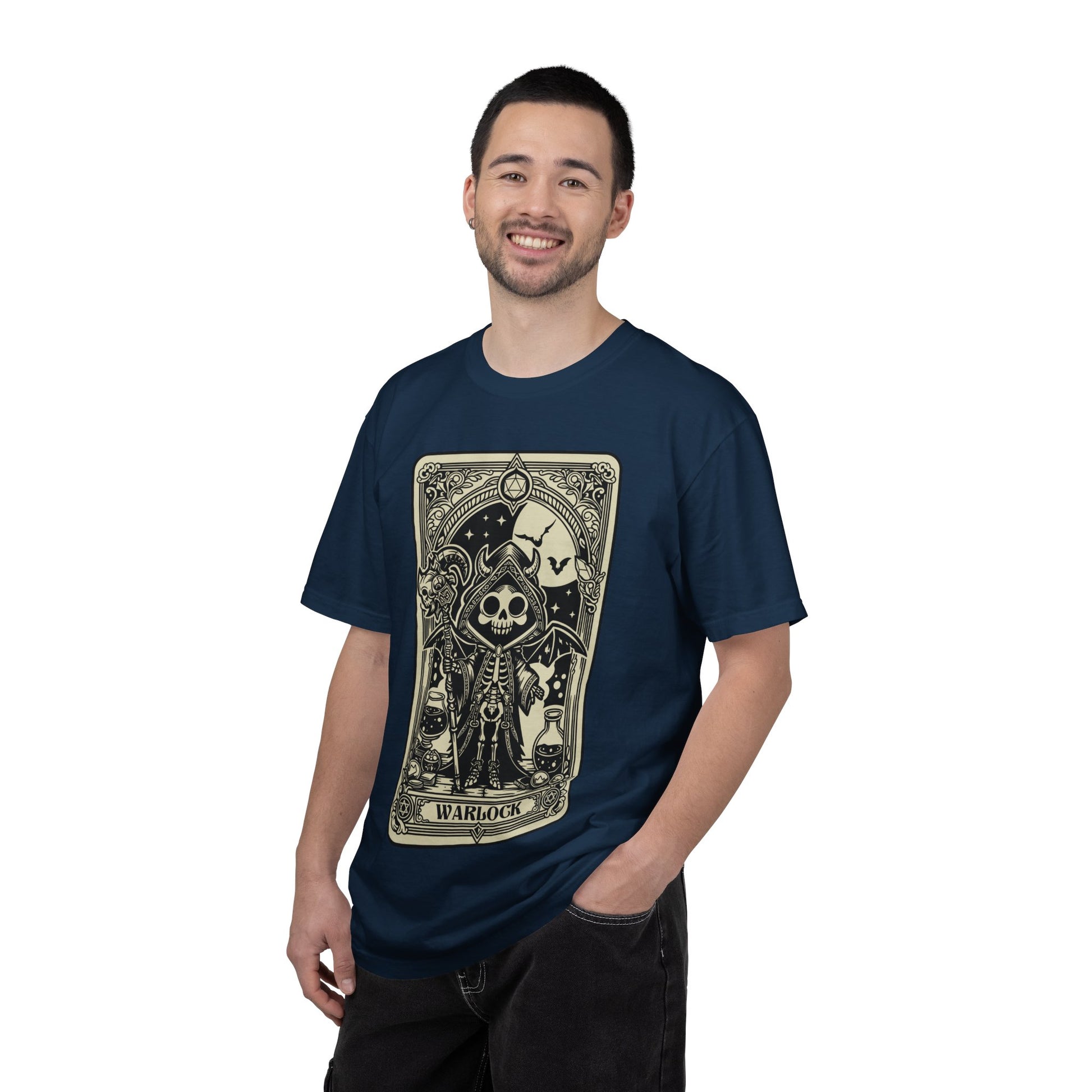Man wearing a navy blue t-shirt with a DND Warlock graphic design on a white background