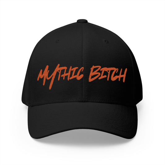 Baseball cap embroidered with “mythic bitch”.