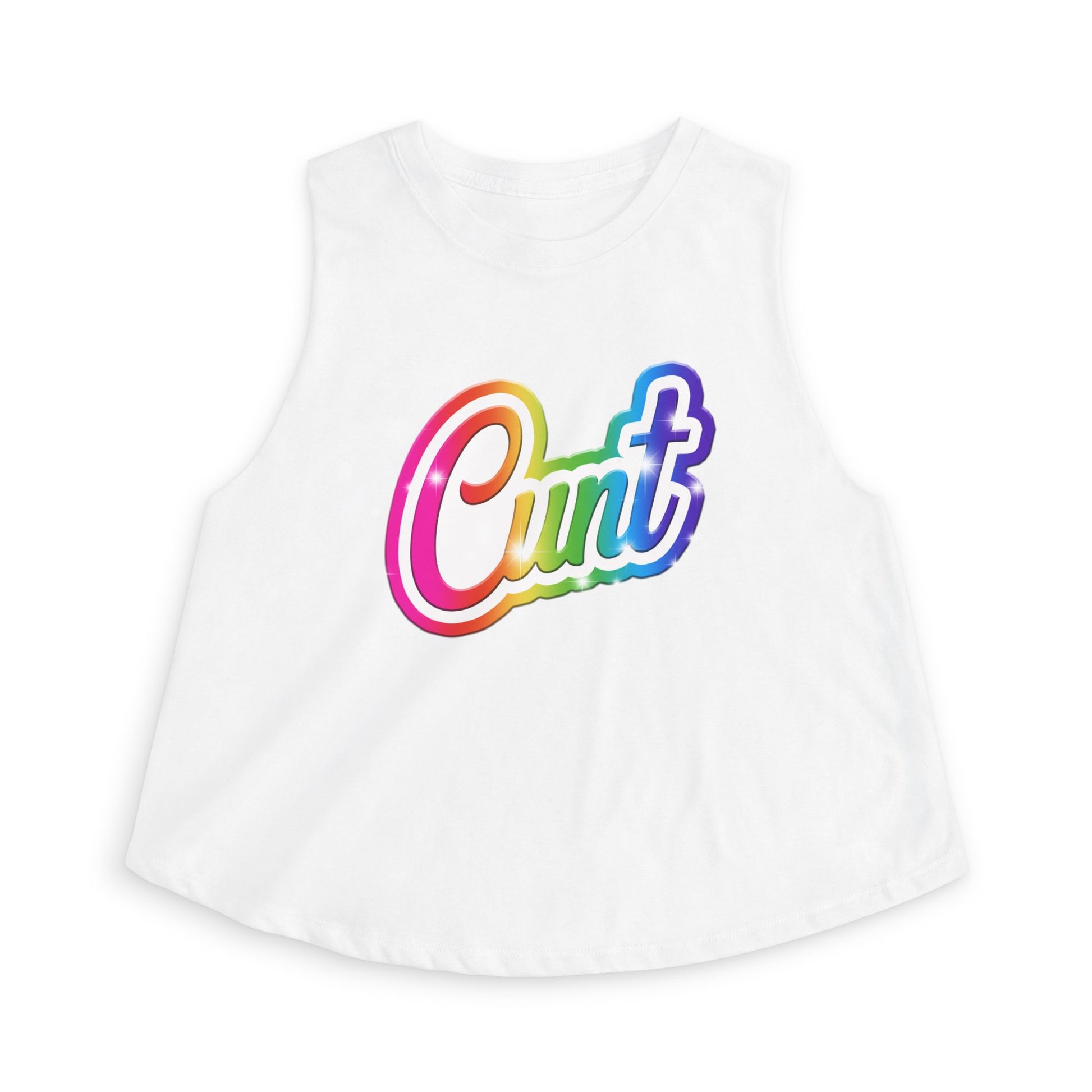 Crop top tank with rainbow Lisa Frank style Cunt lettering.