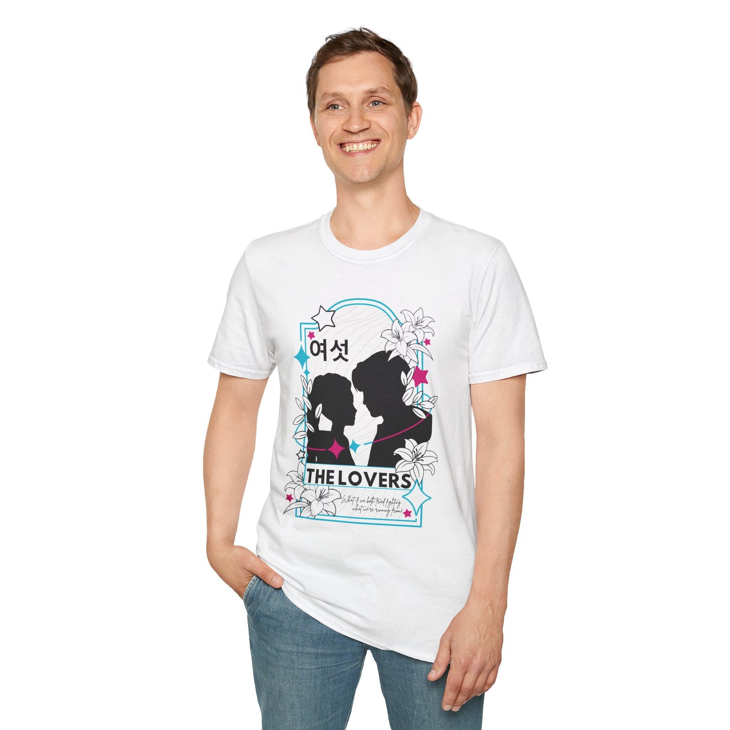 KPOP-inspired Lovers tarot card t-shirt featuring Rumi and Jinu in a mystical, romantic design. Perfect for fans of KPOP, tarot, and unique fashion