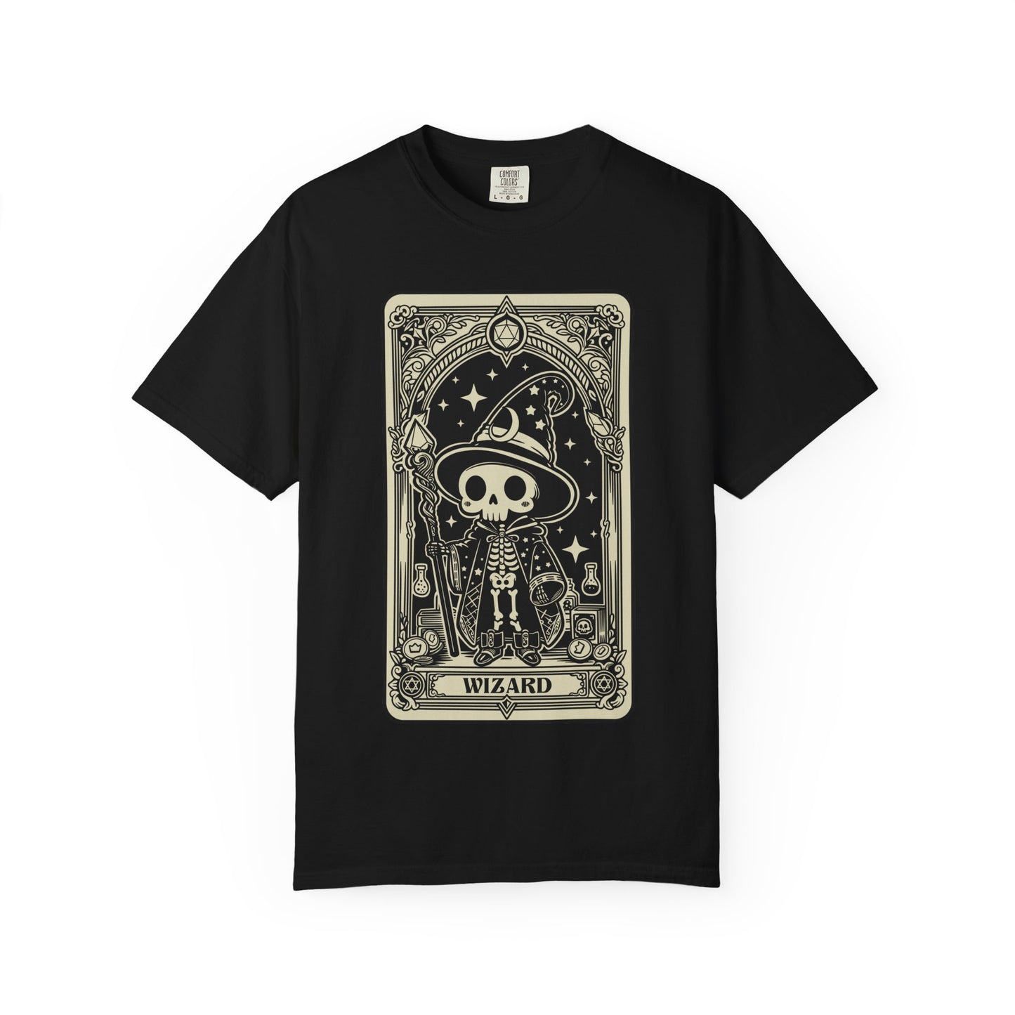 Black t-shirt with a graphic design of a skeleton wearing a wizard hat on a white background