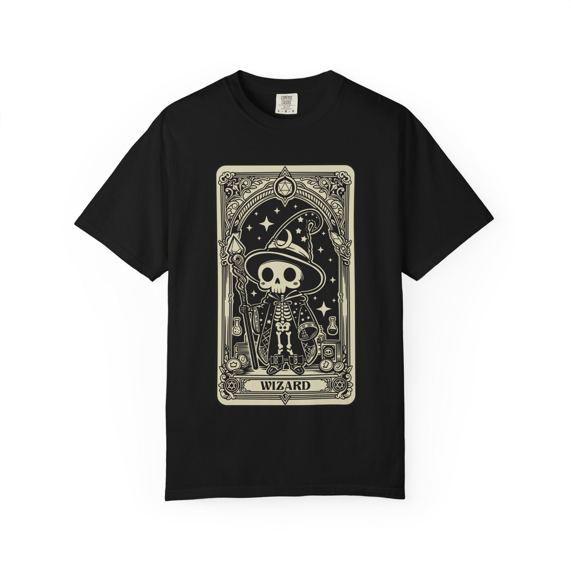 Black t-shirt with a graphic design of a skeleton wearing a wizard hat on a white background