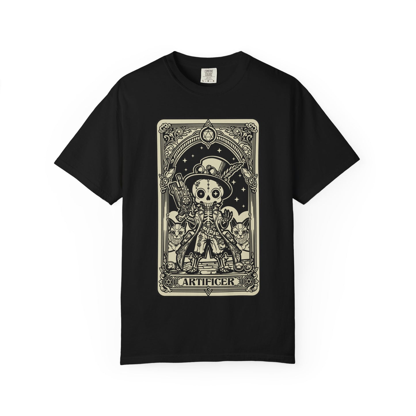 Black DND Artificer t-shirt with a graphic tarot design on a white background