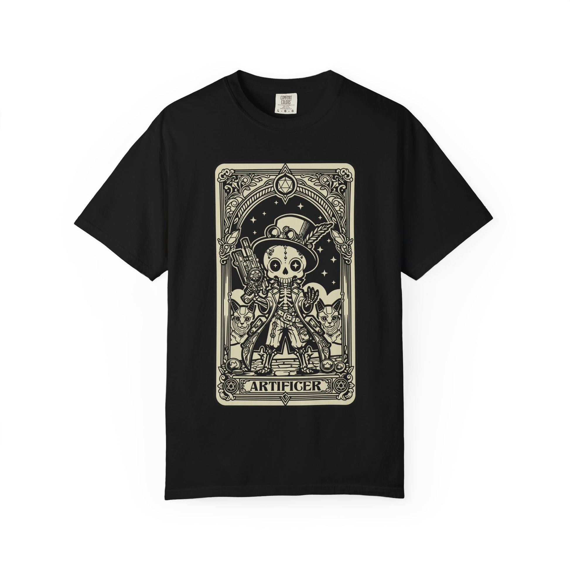 Black DND Artificer t-shirt with a graphic tarot design on a white background