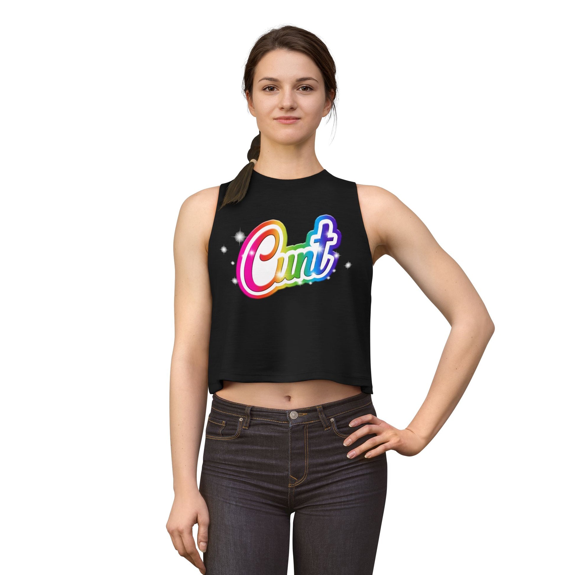 Crop top tank with rainbow Lisa Frank style Cunt lettering.