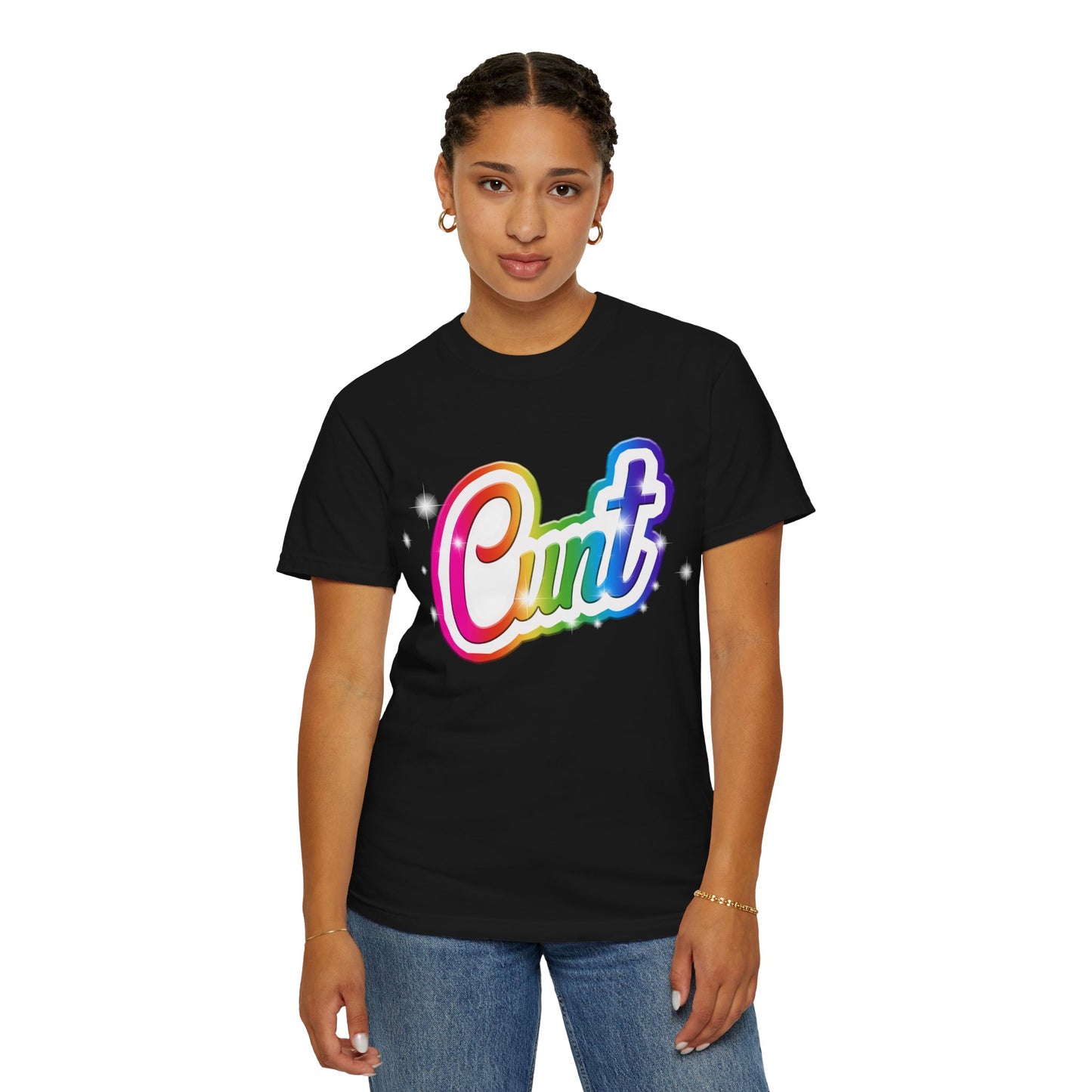 Unisex T-shirt with rainbow Lisa Frank style Cunt lettering.
