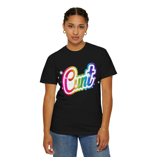 Unisex T-shirt with rainbow Lisa Frank style Cunt lettering.