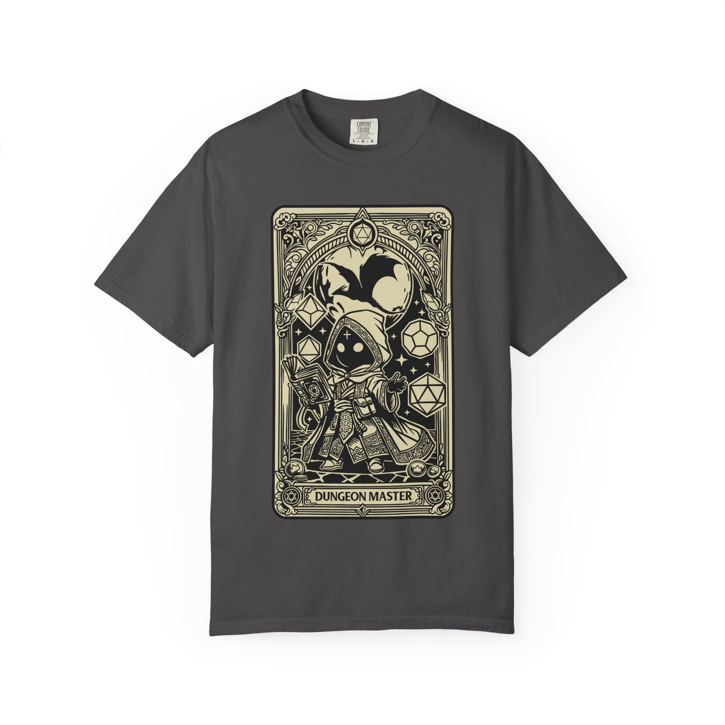 Gray t-shirt with a 'Dungeon Master' graphic design on a white background