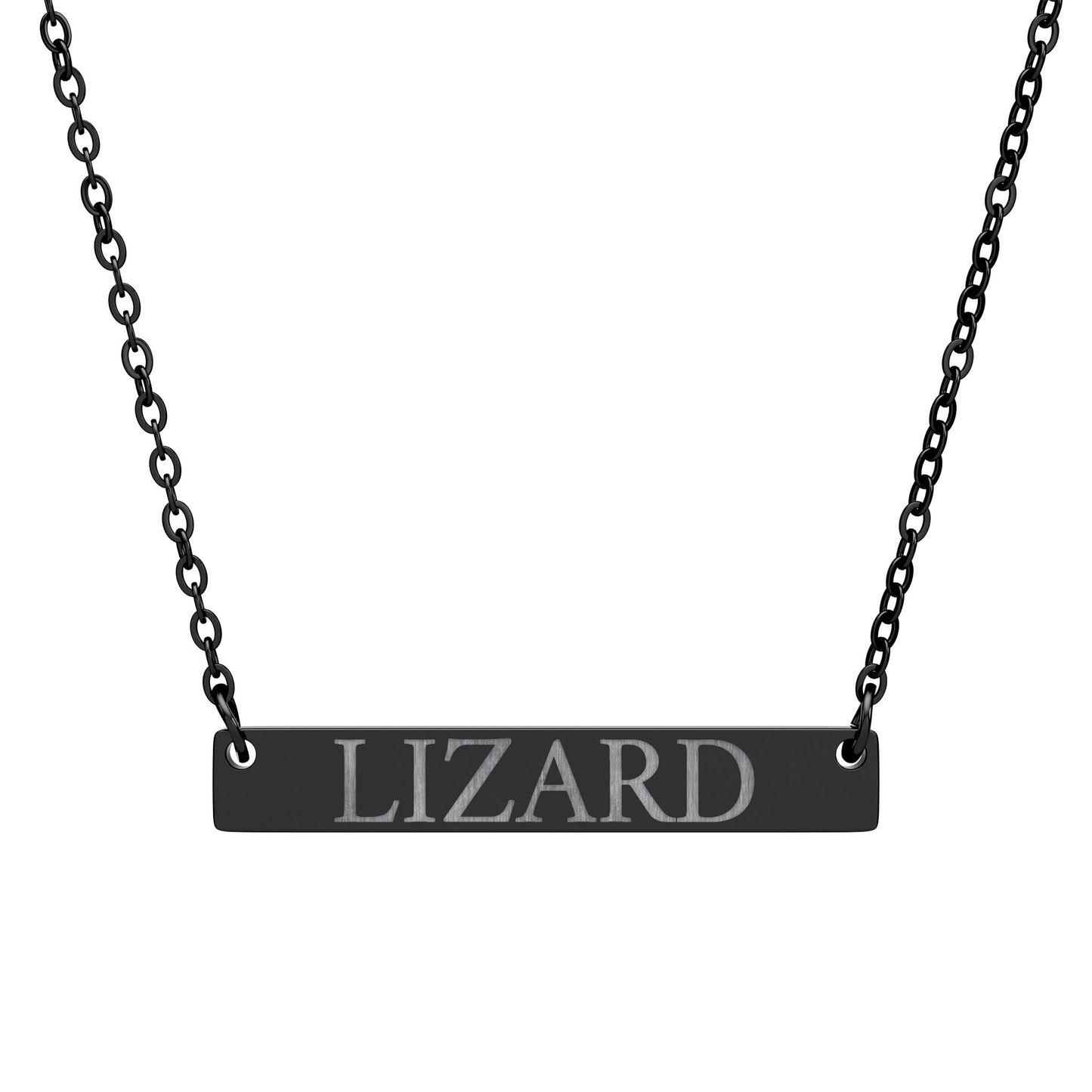 Statement Bar Necklace with the word LIZARD laser engraved on it for the Lizard Meme.