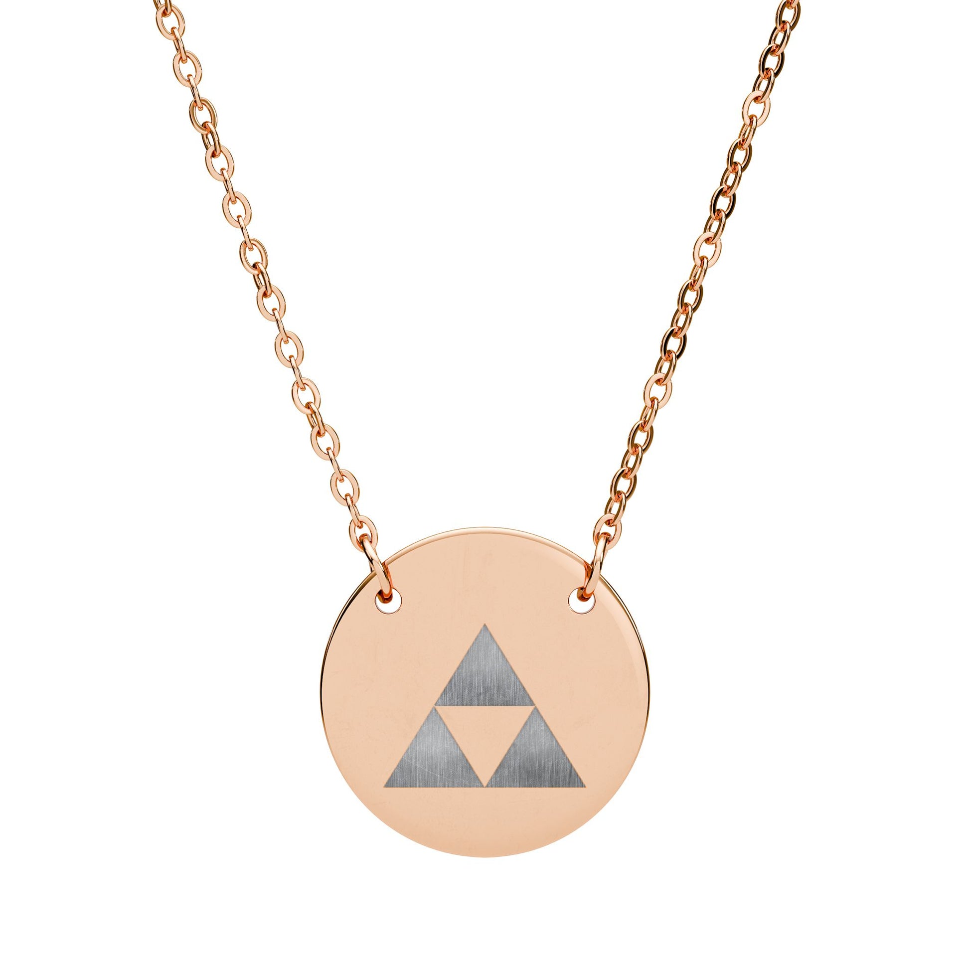 Rose gold necklace with a round pendant featuring a trforce on a white background