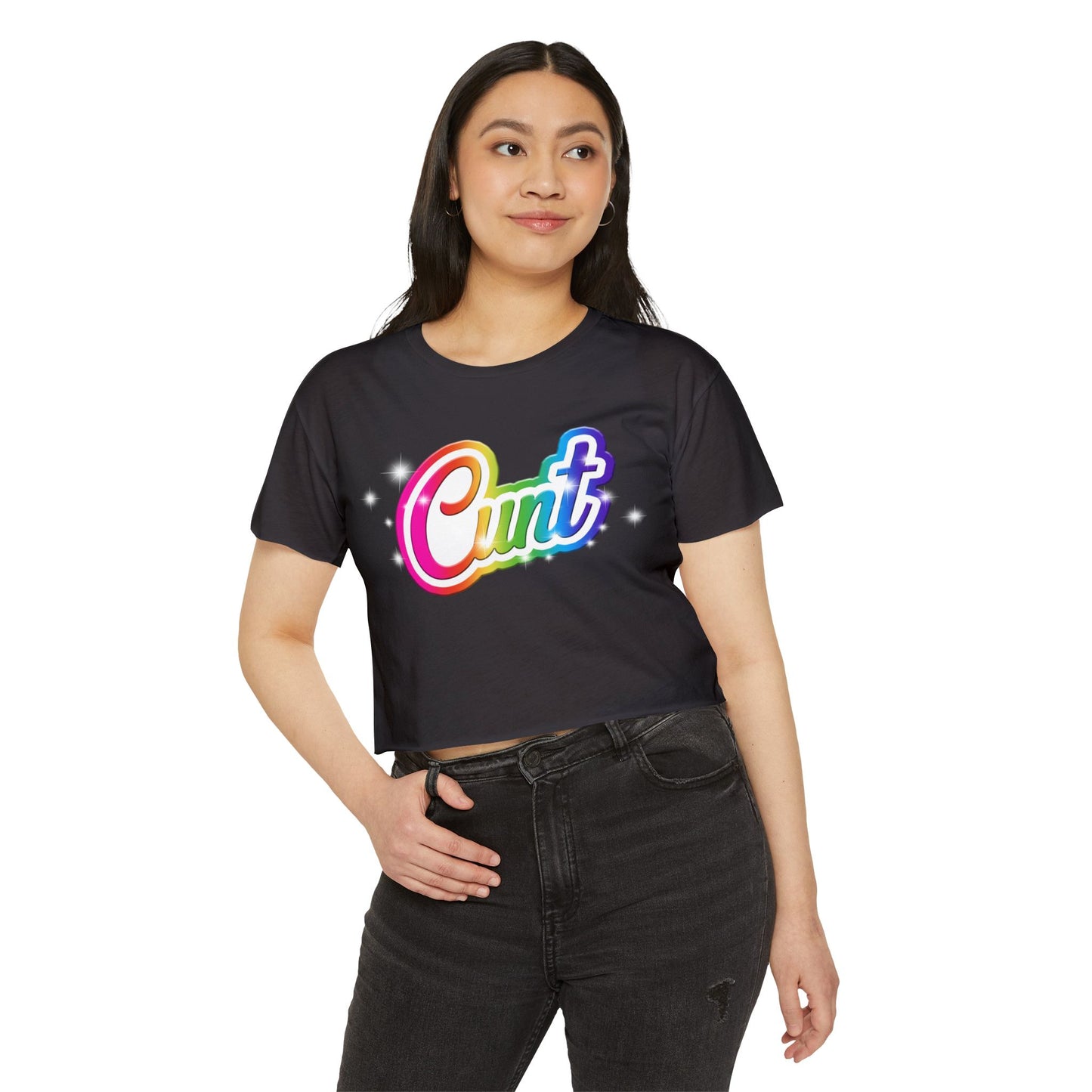 Crop top t-shirt with rainbow Lisa Frank style Cunt lettering.