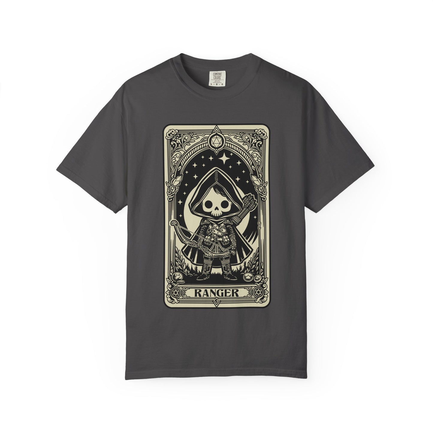 Dark gray t-shirt with a graphic design of a skeleton ranger on a white background