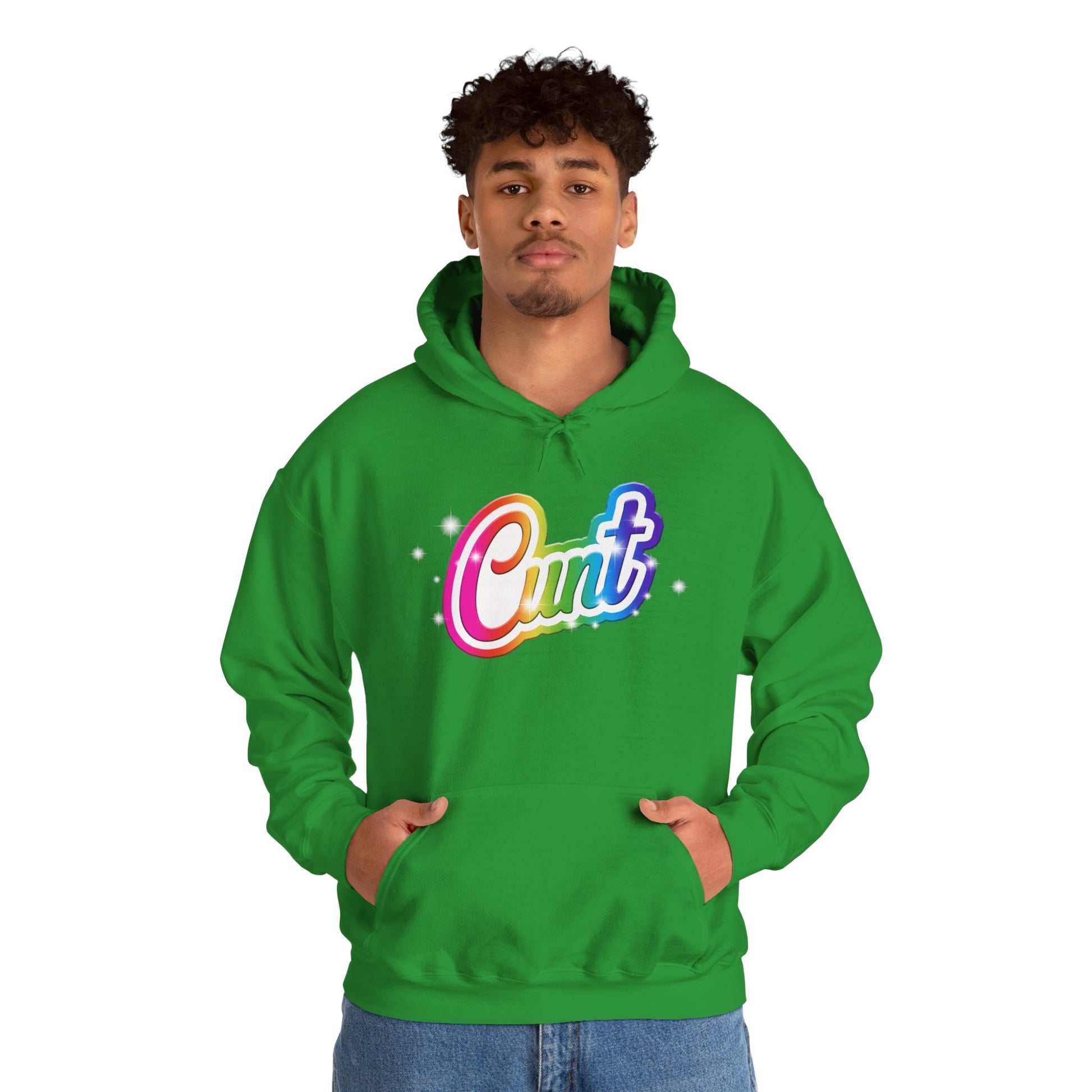 Unisex Hoodie with Lisa Frank Style lettering that says CUNT.